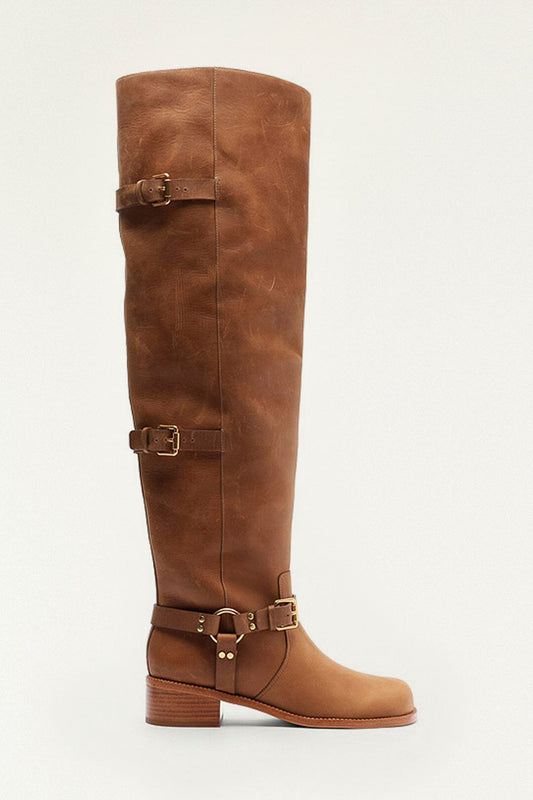 Farm Rio Brown Distressed Leather Buckled Over-The-Knee Boot