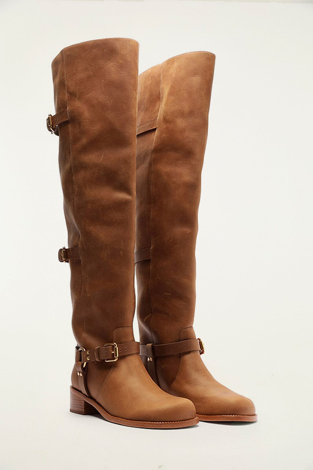 Farm Rio Brown Distressed Leather Buckled Over-The-Knee Boot