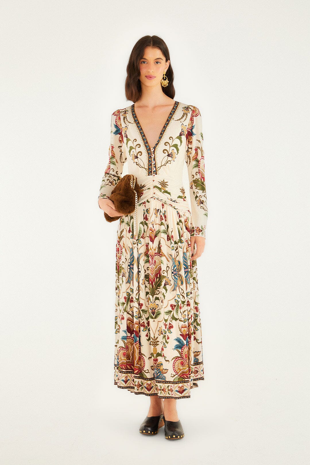 Farm Rio Cream Majestic Hearts Long Sleeve Midi Dress