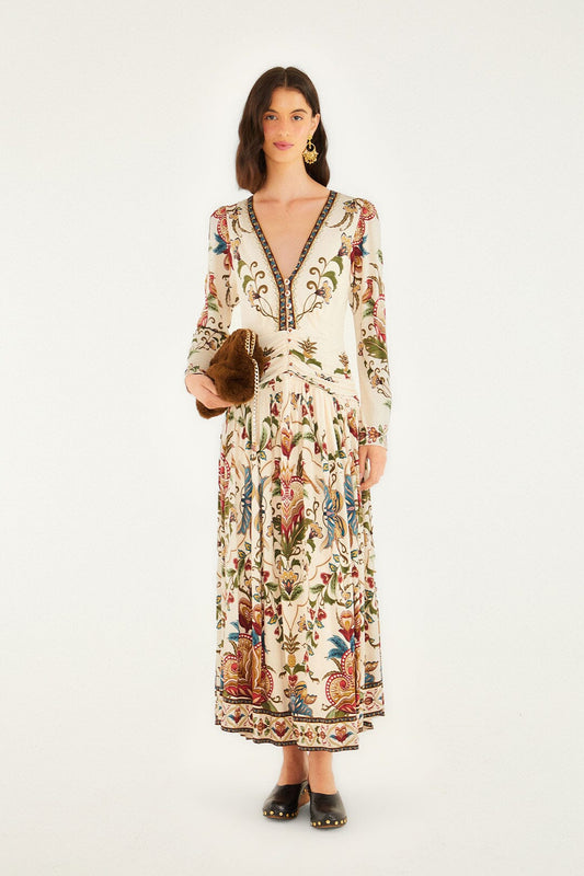 Farm Rio Cream Majestic Hearts Long Sleeve Midi Dress