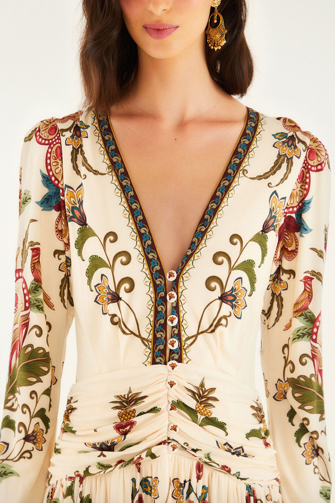 Farm Rio Cream Majestic Hearts Long Sleeve Midi Dress