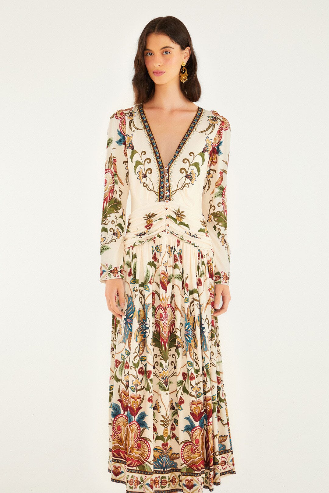 Farm Rio Cream Majestic Hearts Long Sleeve Midi Dress