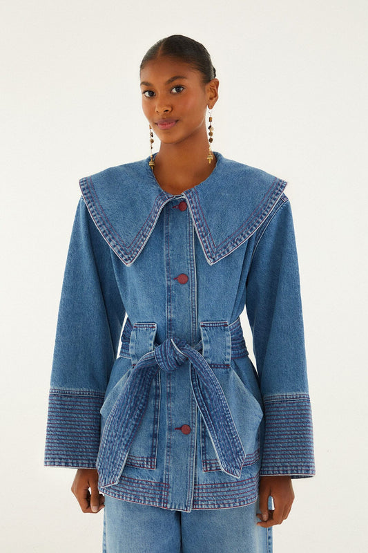 Farm Rio Denim Collared Belted Trench Coat