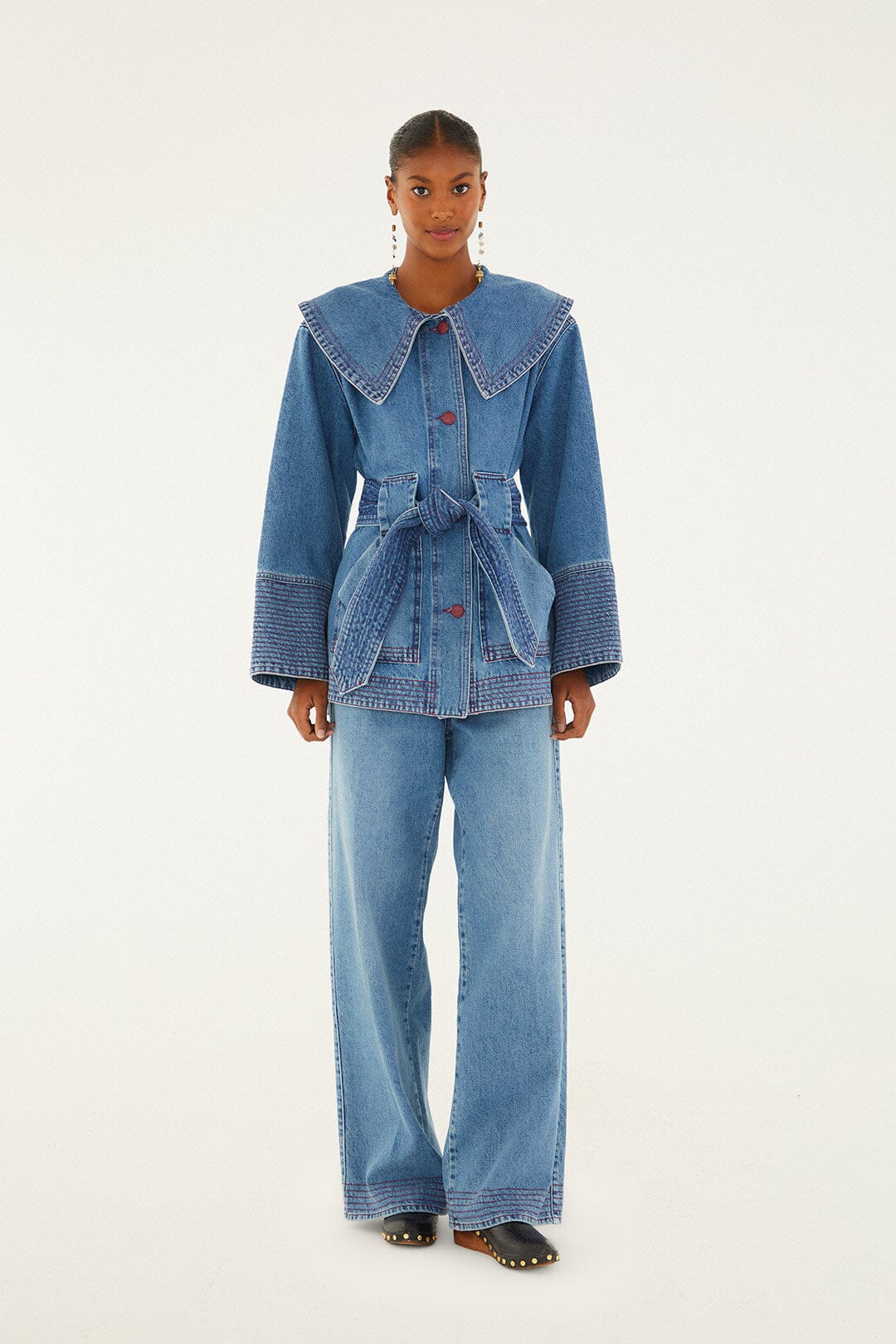 Farm Rio Denim Collared Belted Trench Coat
