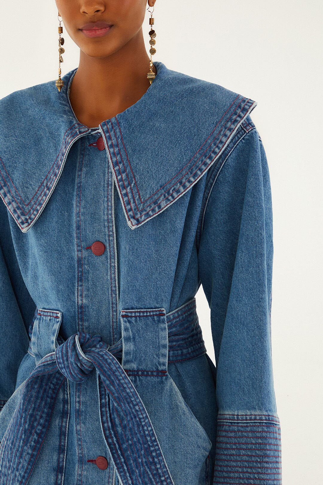 Farm Rio Denim Collared Belted Trench Coat