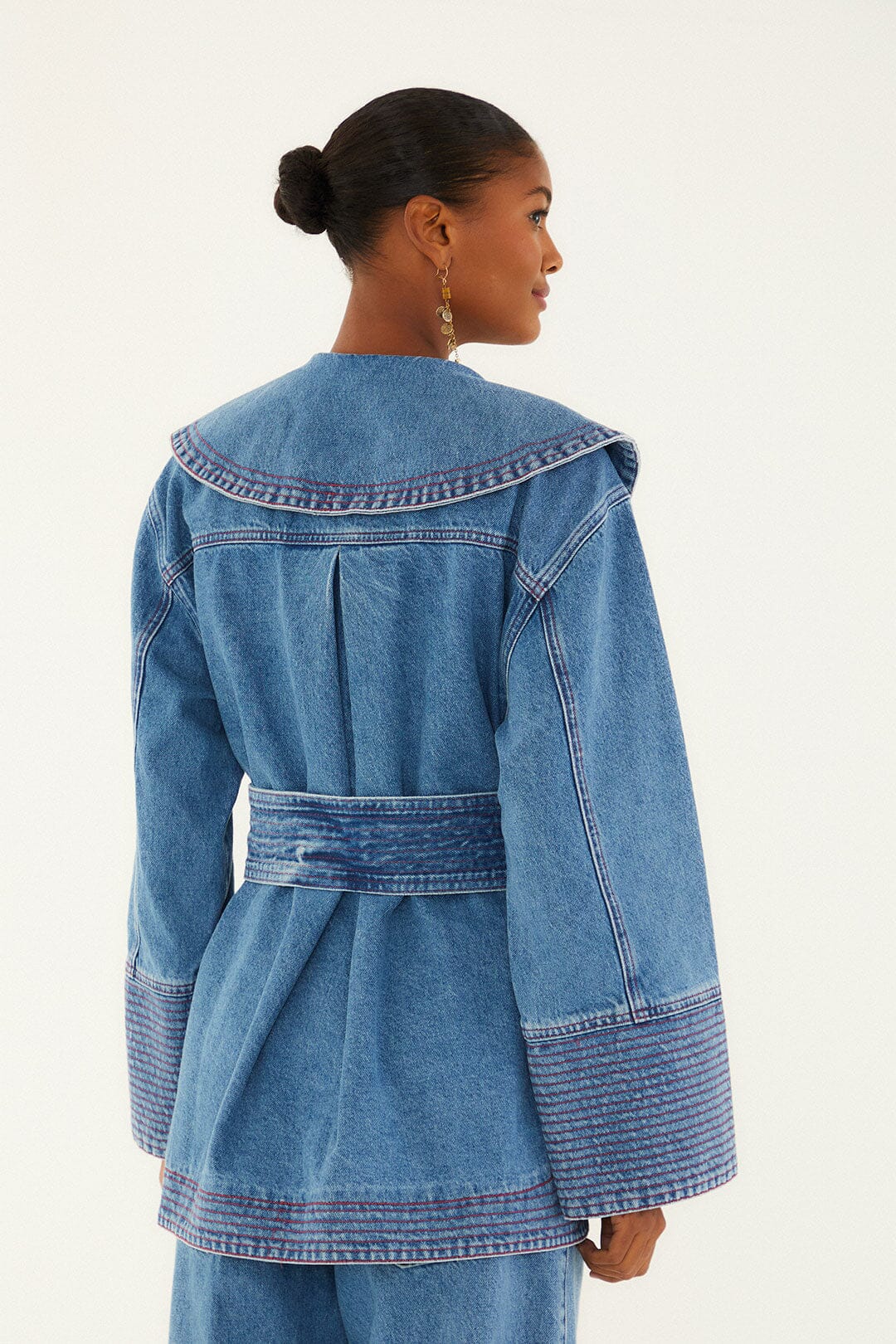 Farm Rio Denim Collared Belted Trench Coat