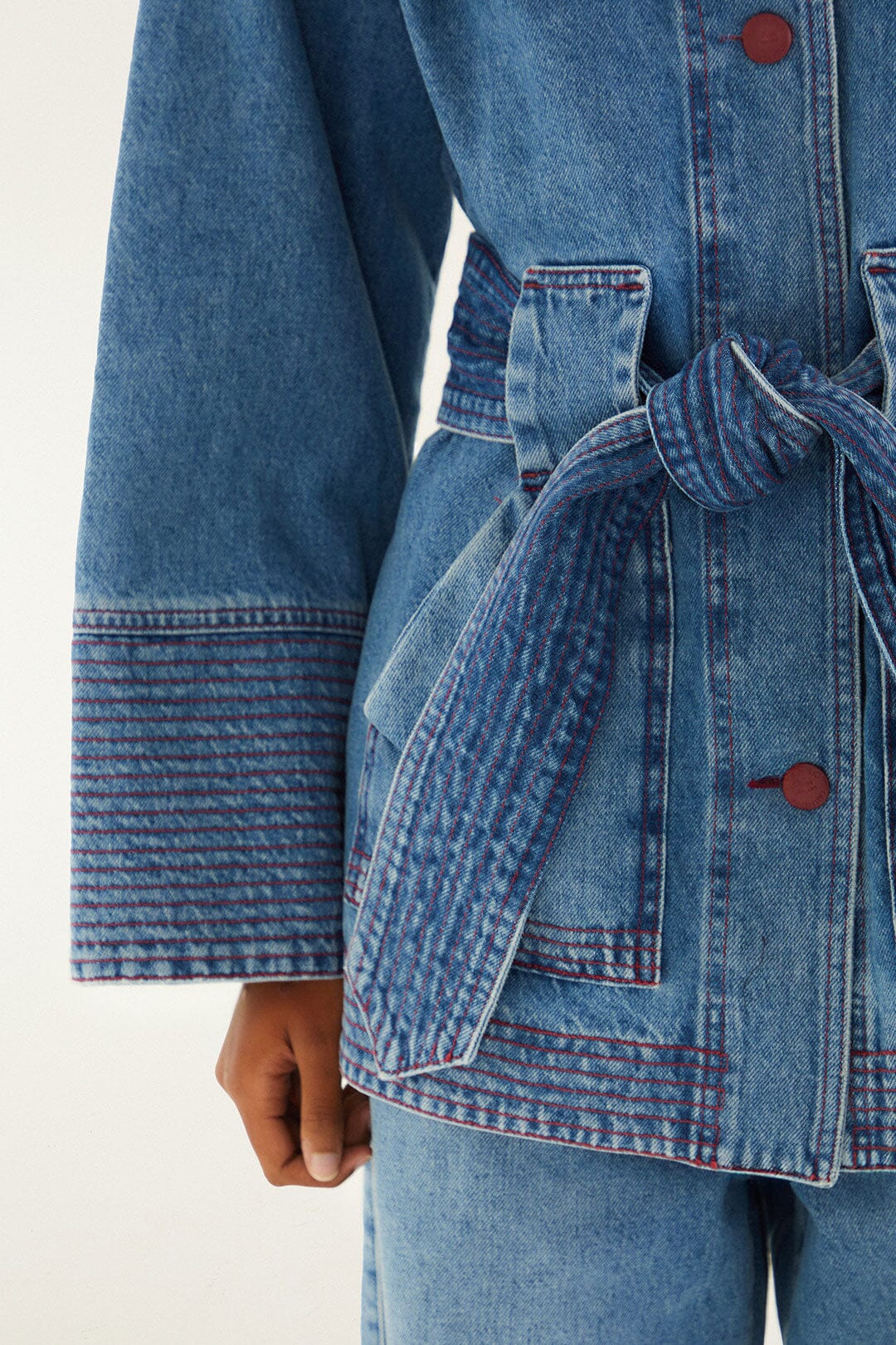 Farm Rio Denim Collared Belted Trench Coat