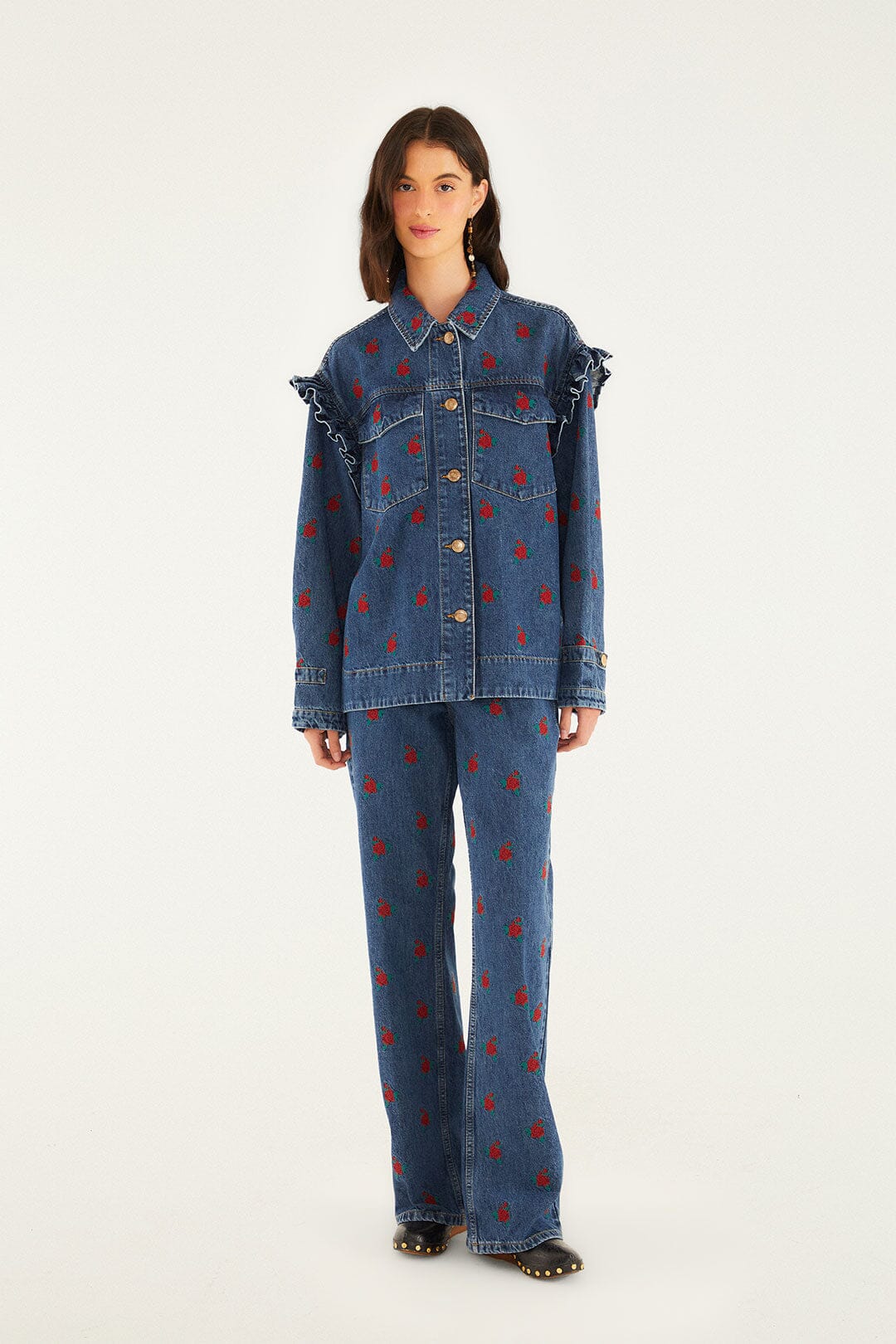 Farm Rio Denim Embroidered Flowers Pants