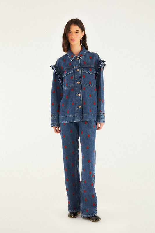 Farm Rio Denim Embroidered Flowers Pants