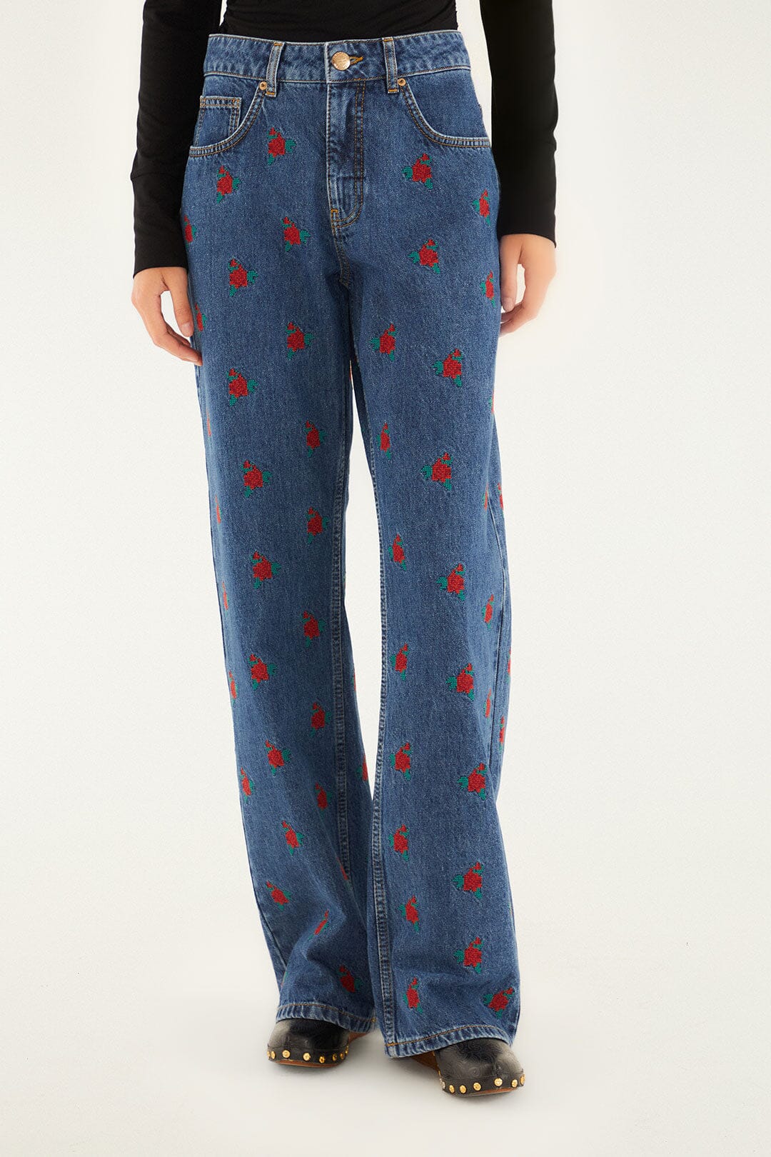 Farm Rio Denim Embroidered Flowers Pants