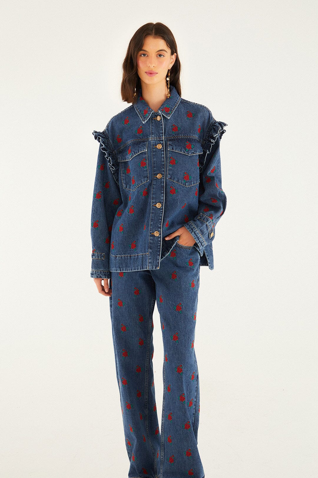 Farm Rio Denim Embroidered Flowers Pants