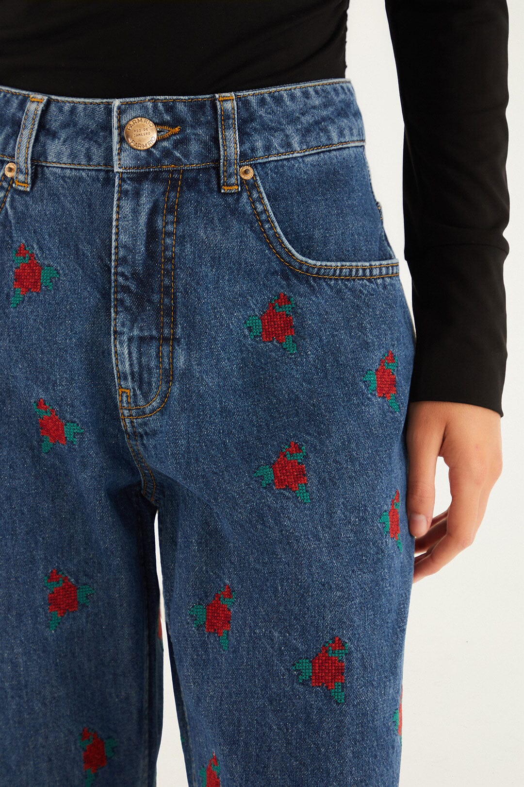 Farm Rio Denim Embroidered Flowers Pants