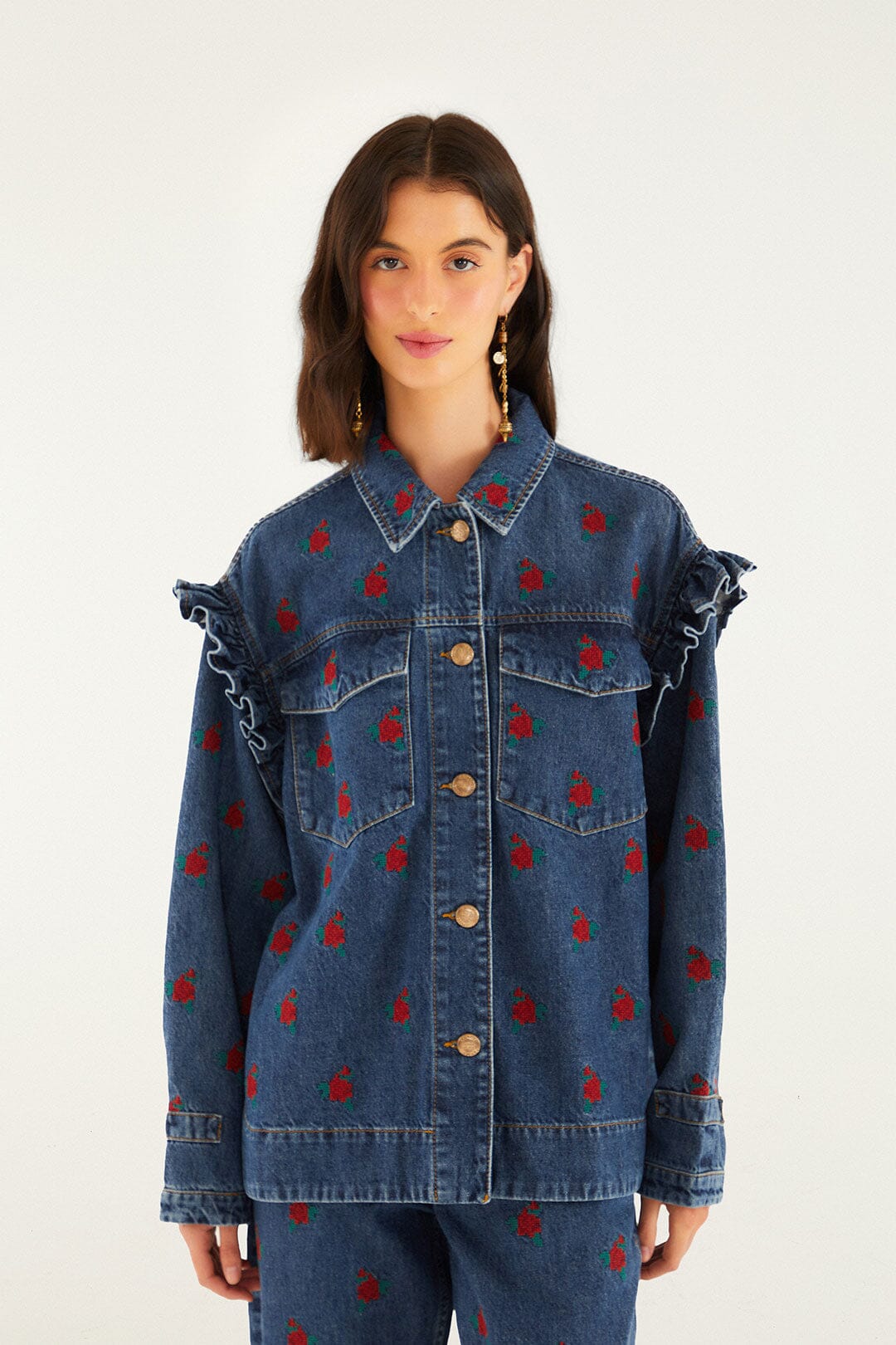 Farm Rio Denim Embroidered Flowers Shirt