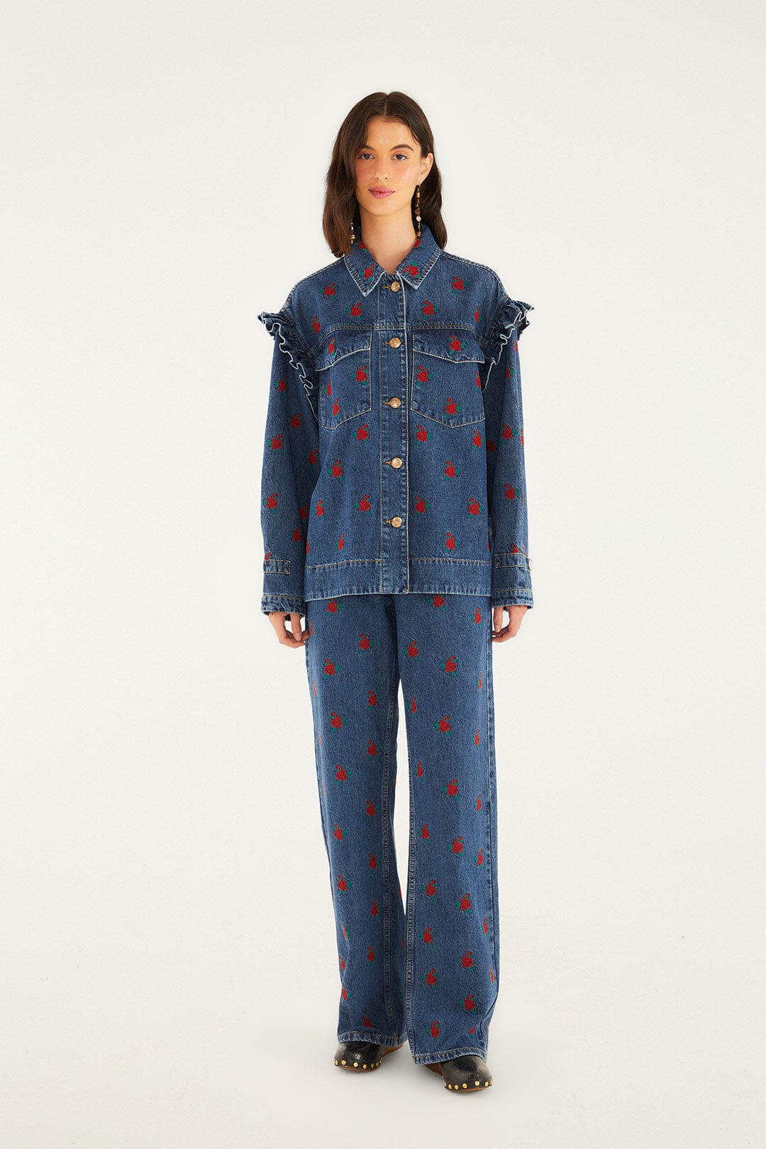 Farm Rio Denim Embroidered Flowers Shirt