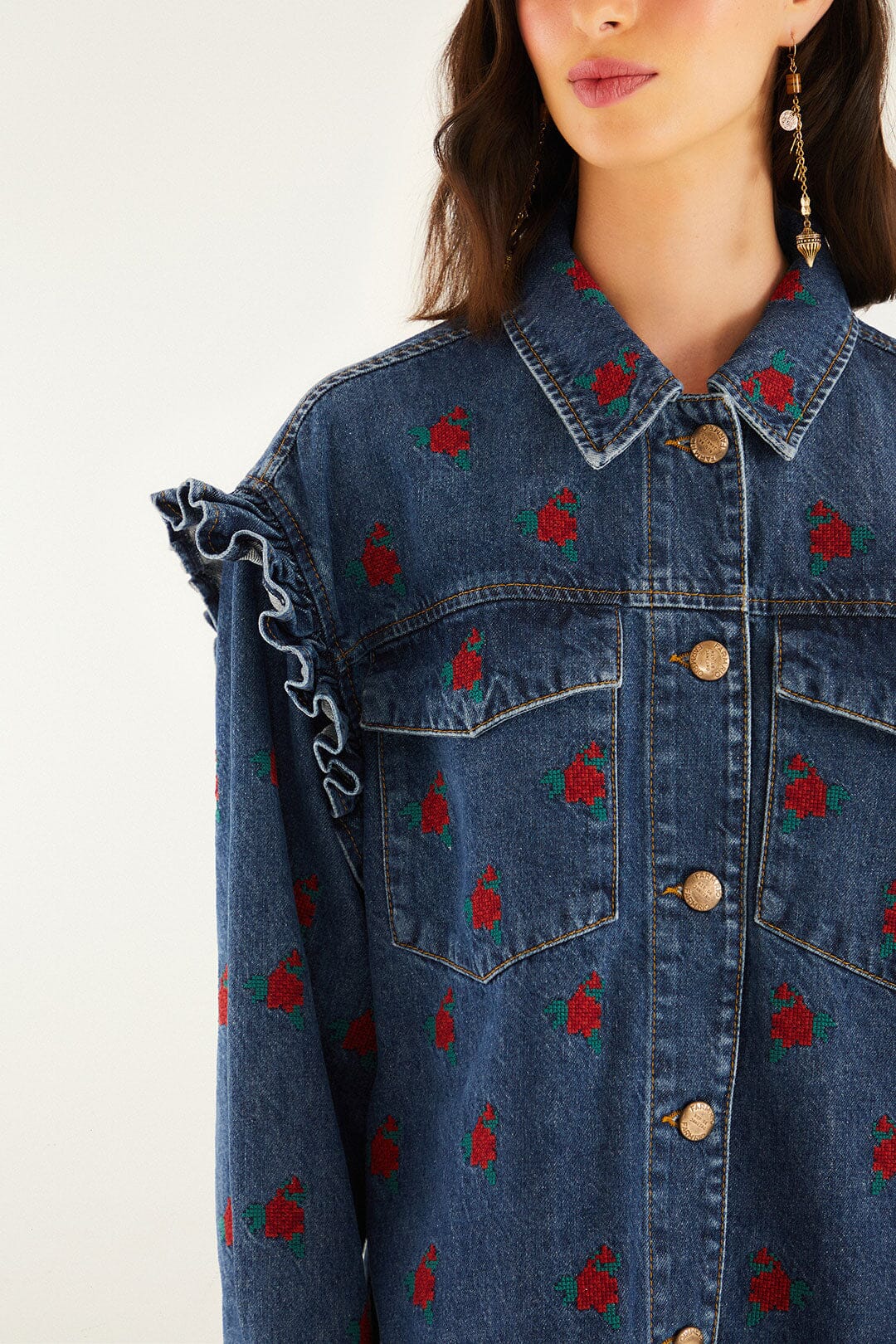 Farm Rio Denim Embroidered Flowers Shirt