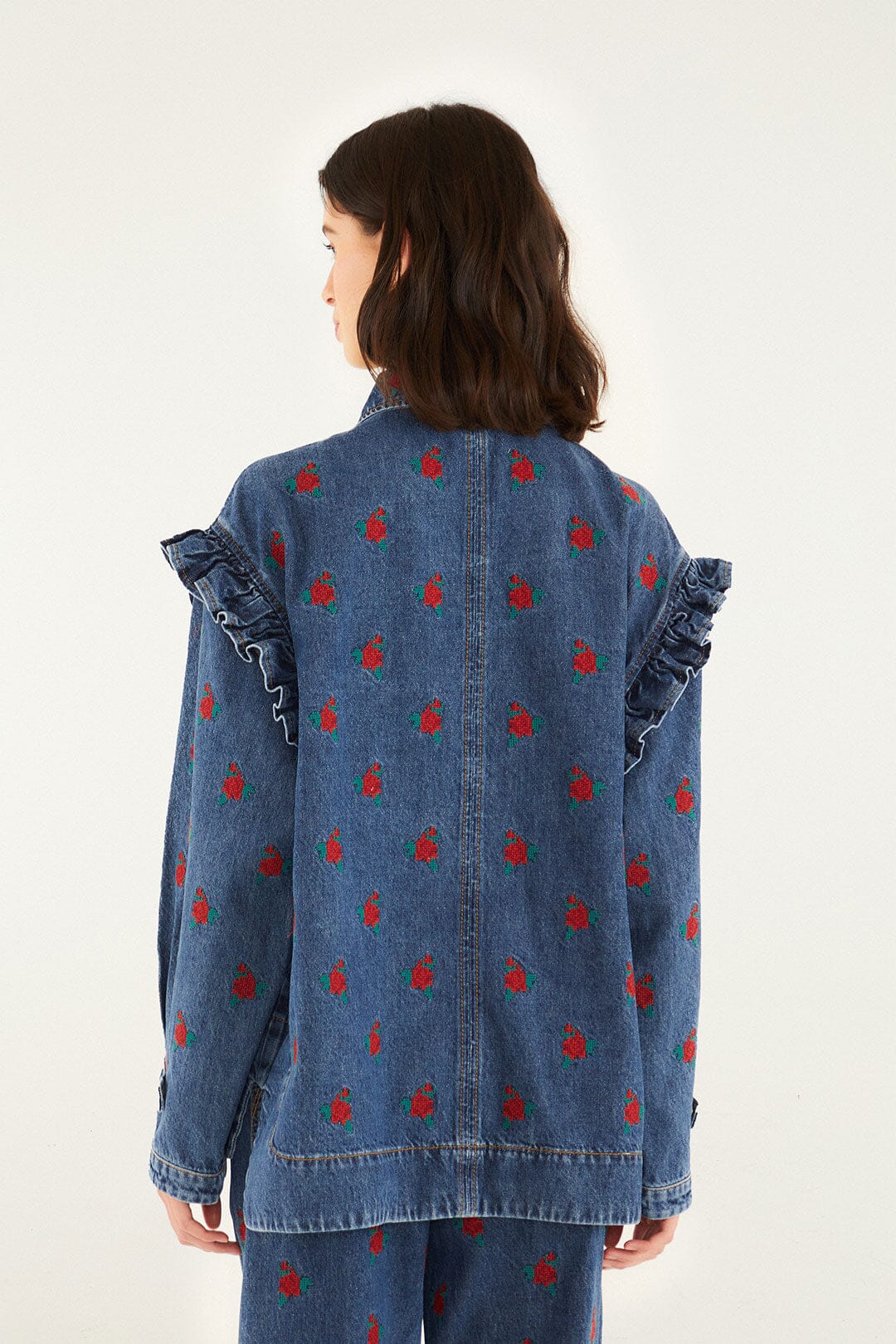 Farm Rio Denim Embroidered Flowers Shirt