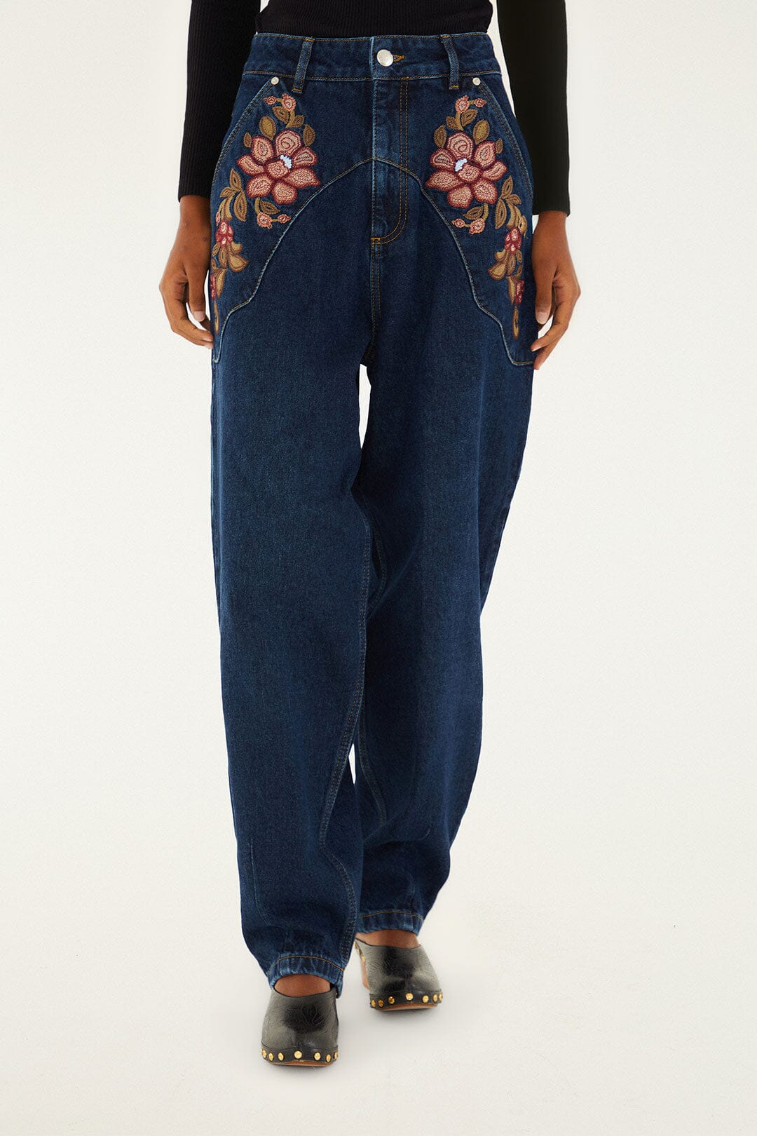 Farm Rio Denim Floral Embroidery Pants