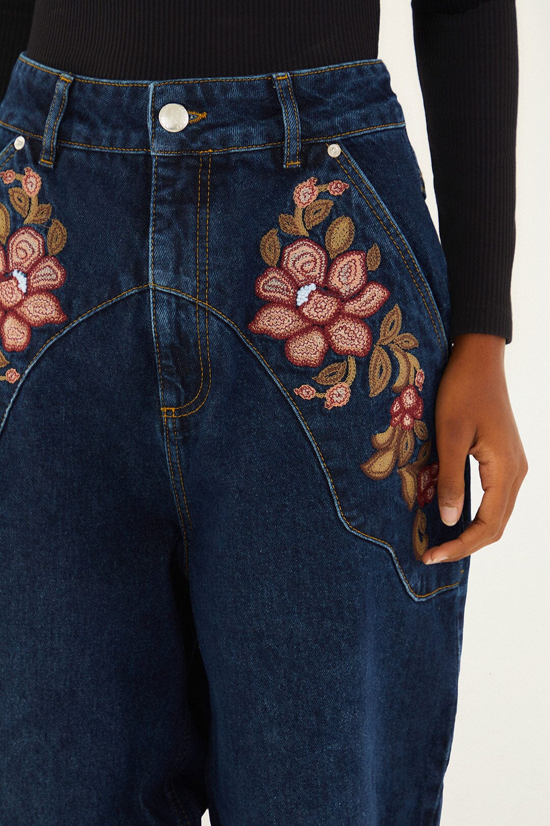 Farm Rio Denim Floral Embroidery Pants
