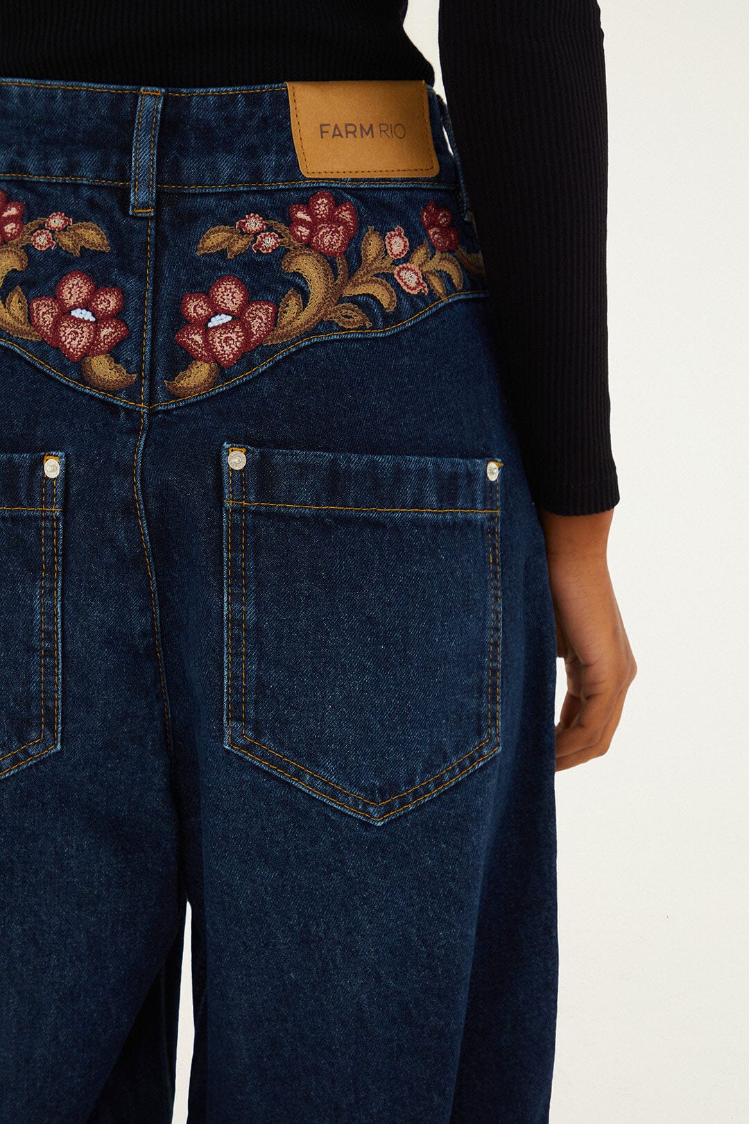 Farm Rio Denim Floral Embroidery Pants