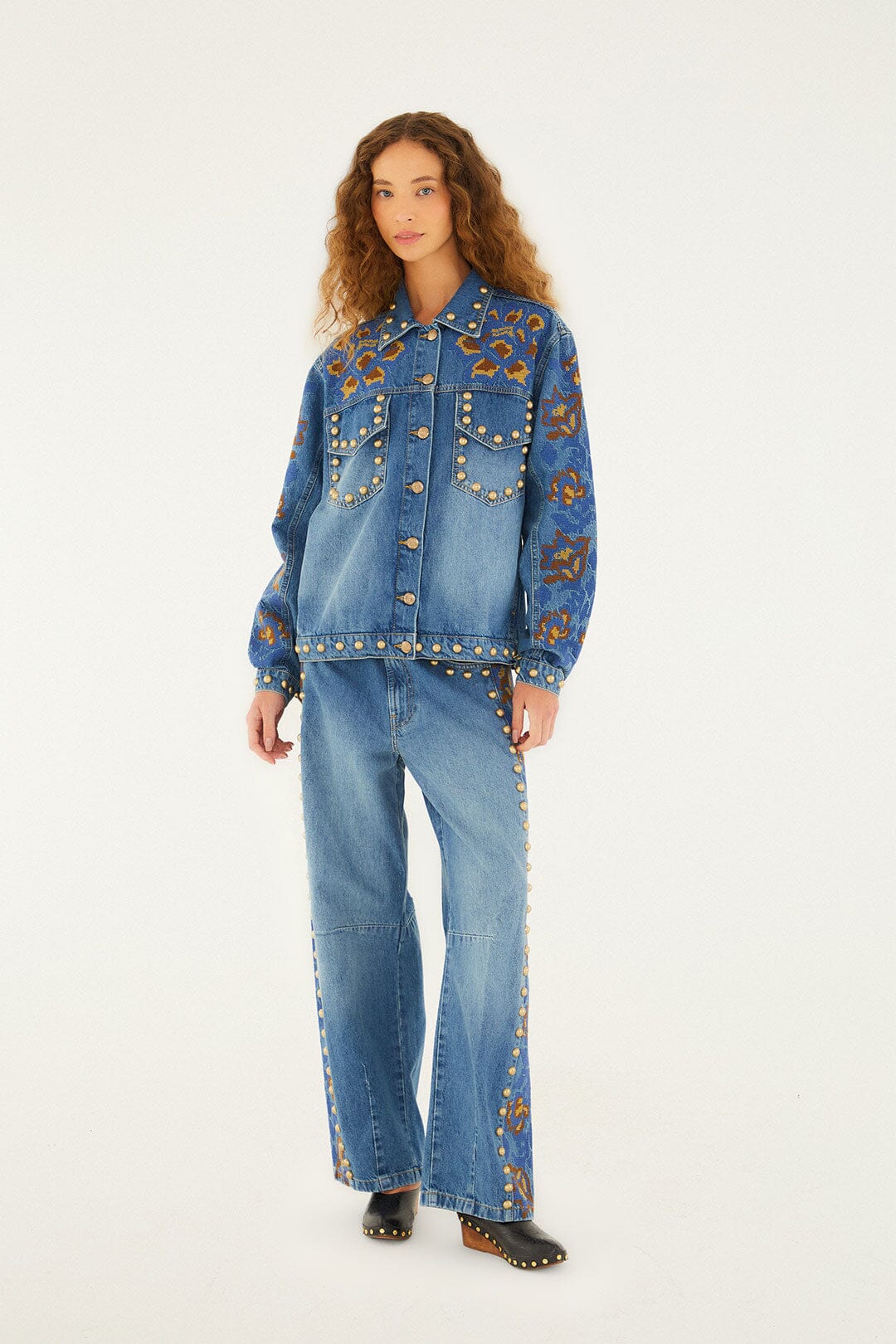 Farm Rio Denim Metal Details Embroidered High Waist Pants