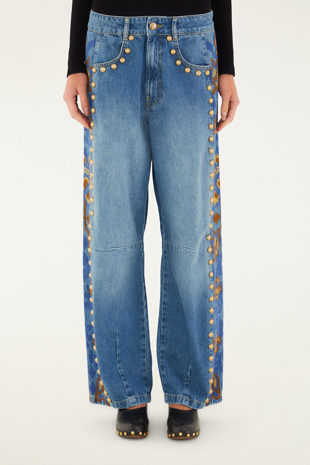 Farm Rio Denim Metal Details Embroidered High Waist Pants