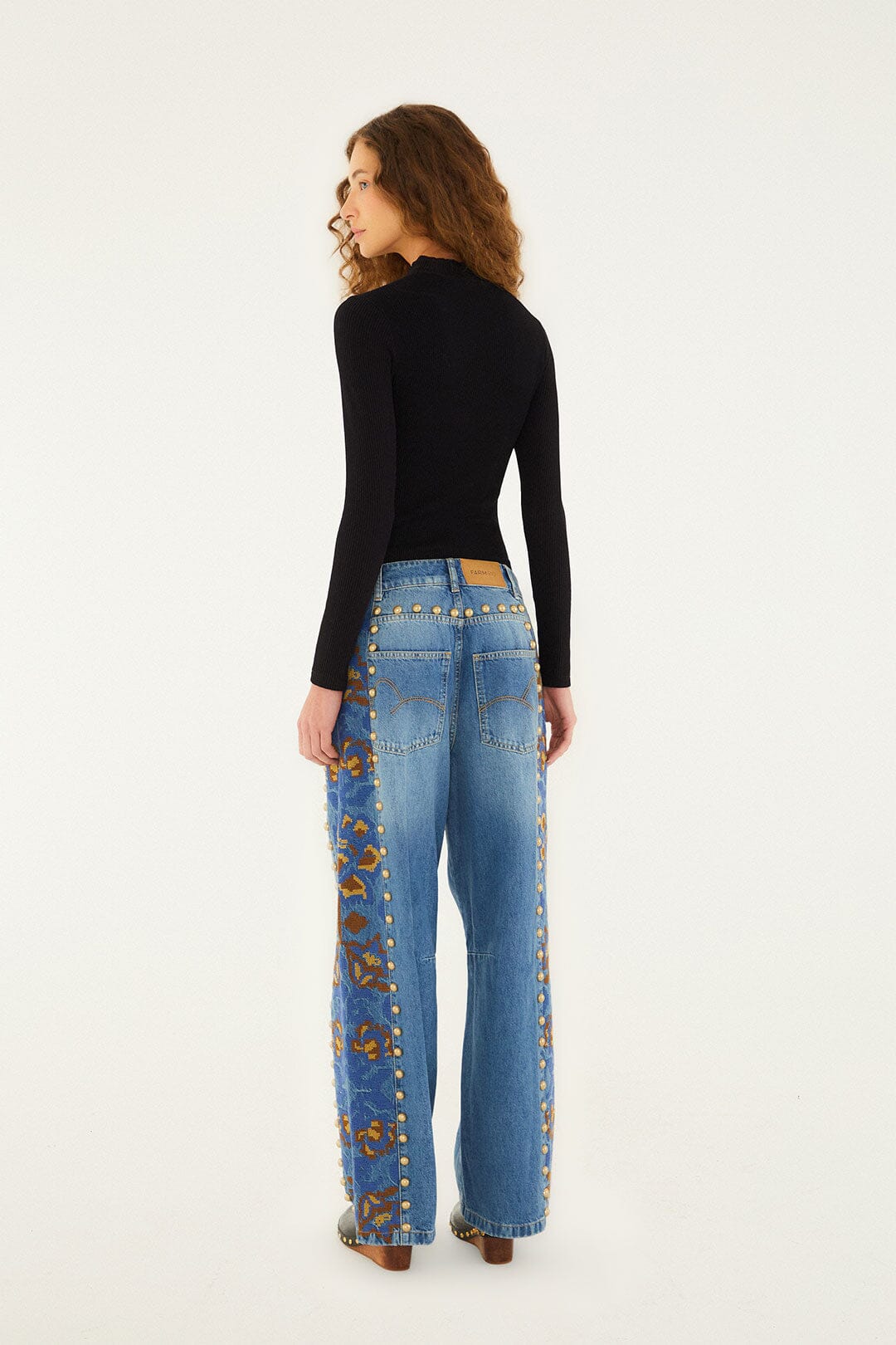 Farm Rio Denim Metal Details Embroidered High Waist Pants