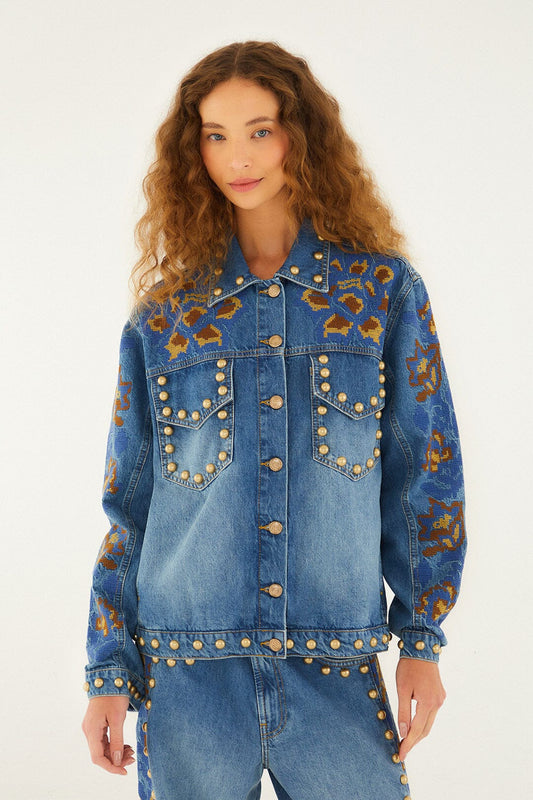 Farm Rio Denim Metal Details Embroidered Jacket