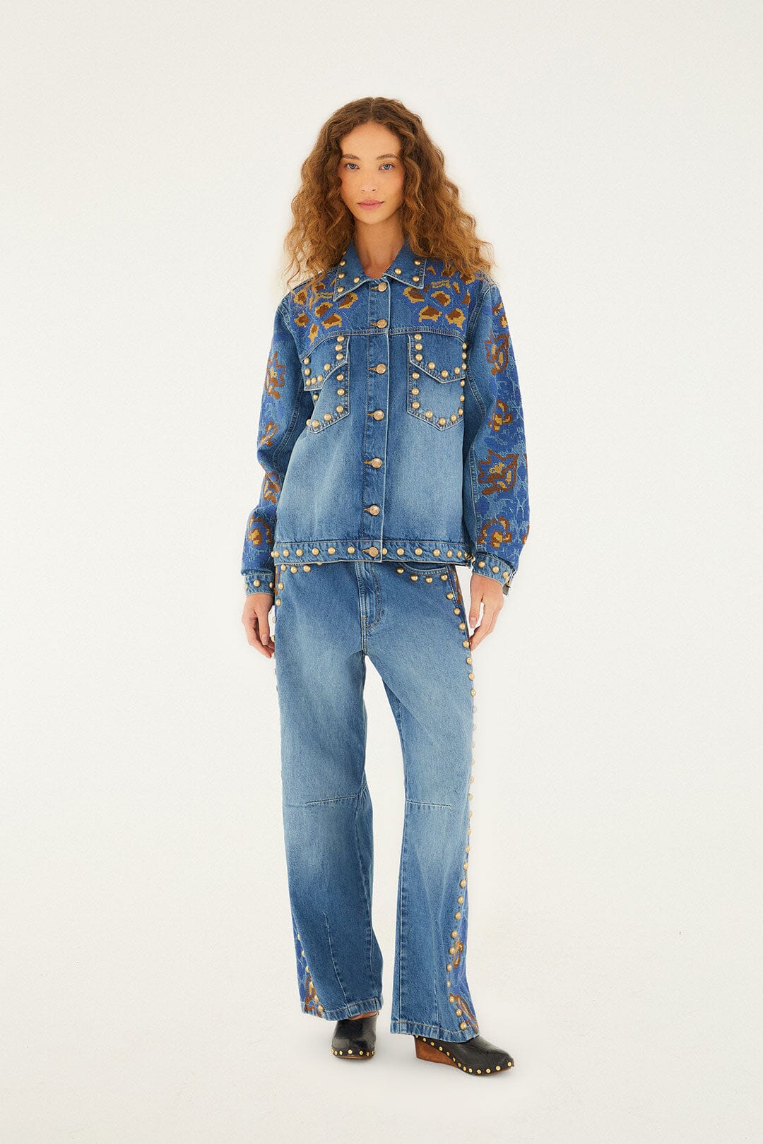 Farm Rio Denim Metal Details Embroidered Jacket
