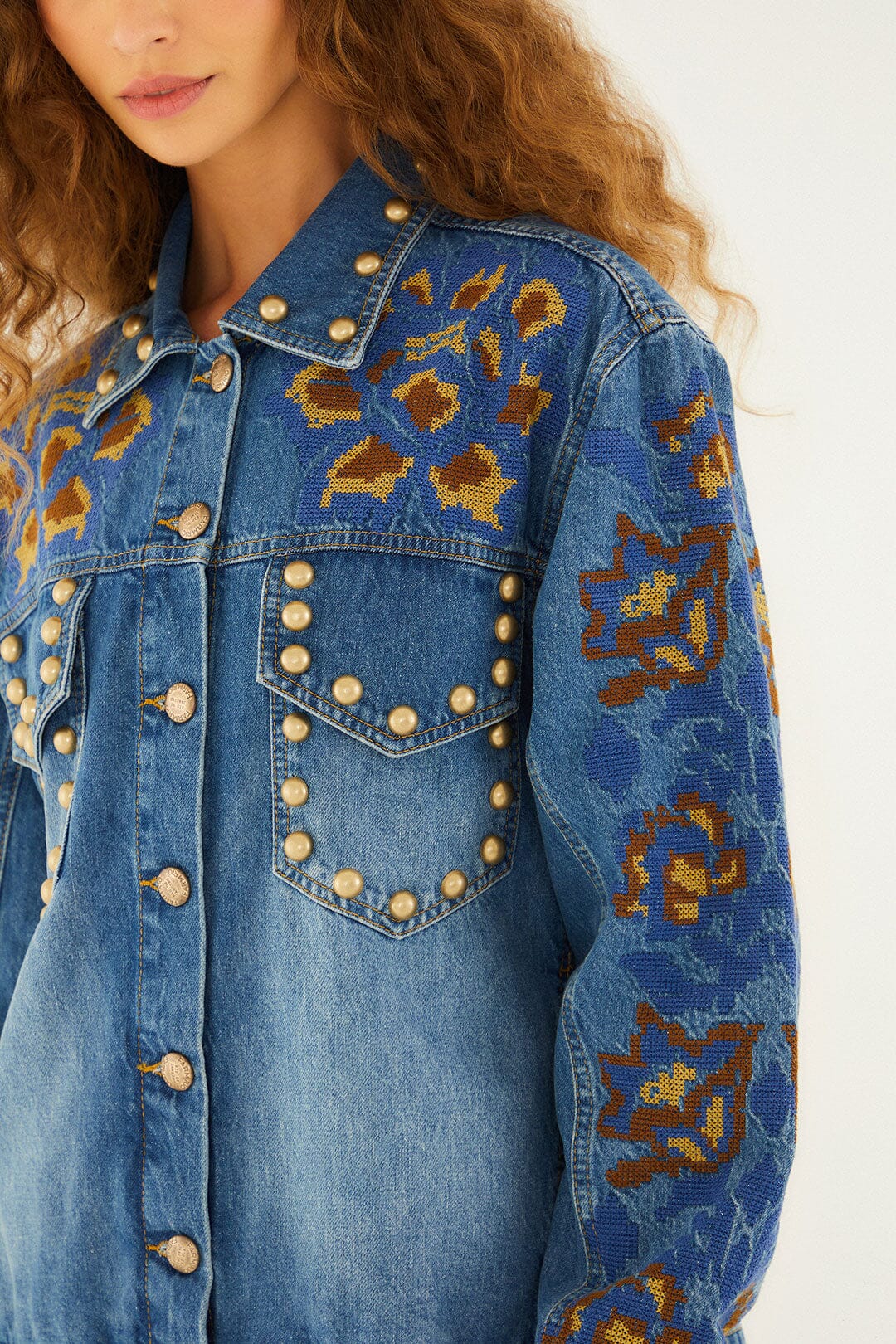 Farm Rio Denim Metal Details Embroidered Jacket