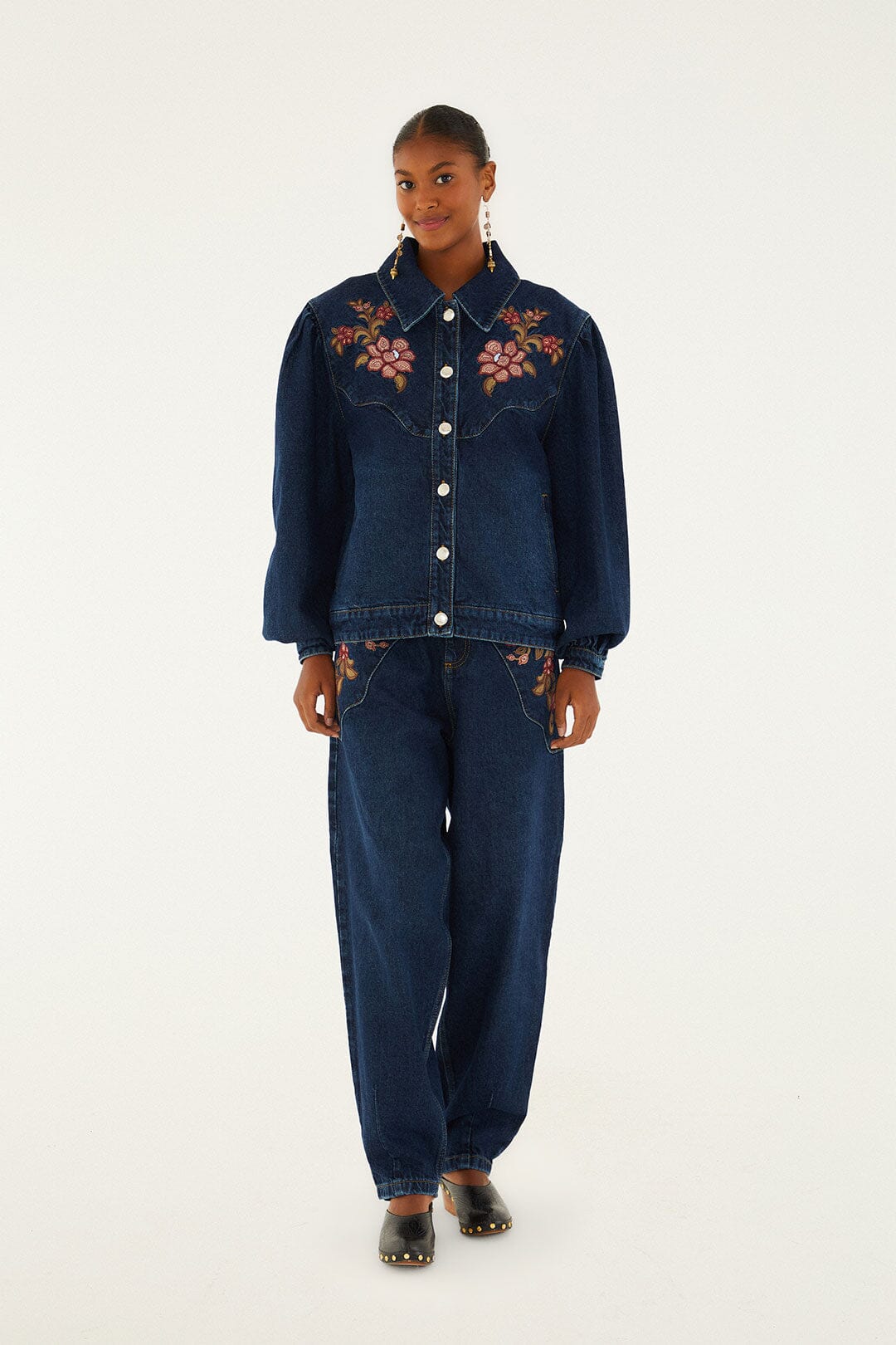 Farm Rio Denim Floral Embroidery Pants