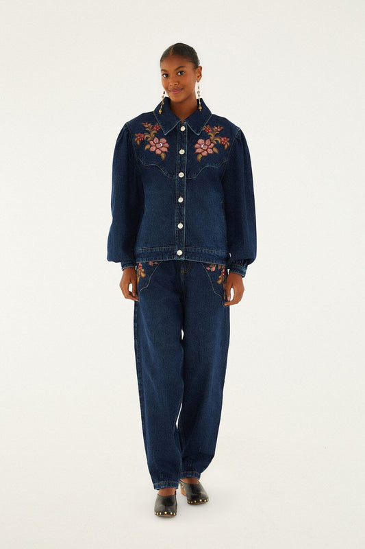 Farm Rio Denim Floral Embroidery Pants