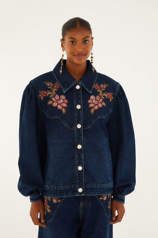 Farm Rio Denim Flower Embroidery Jacket