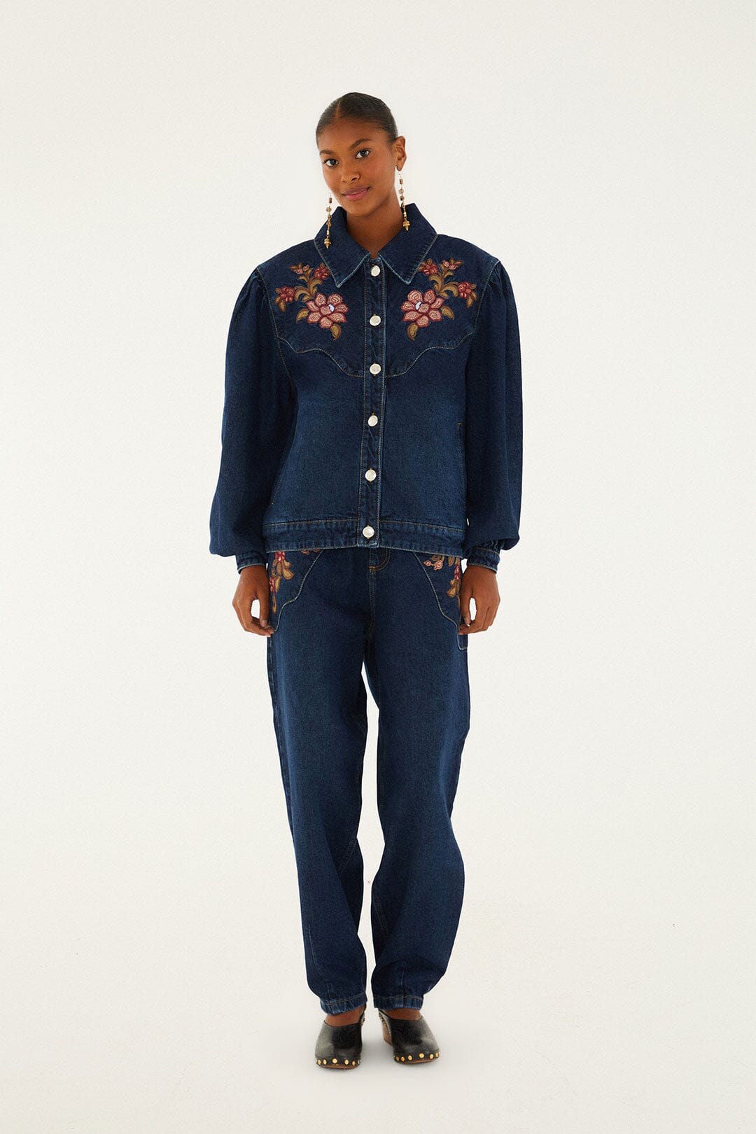 Farm Rio Denim Flower Embroidery Jacket