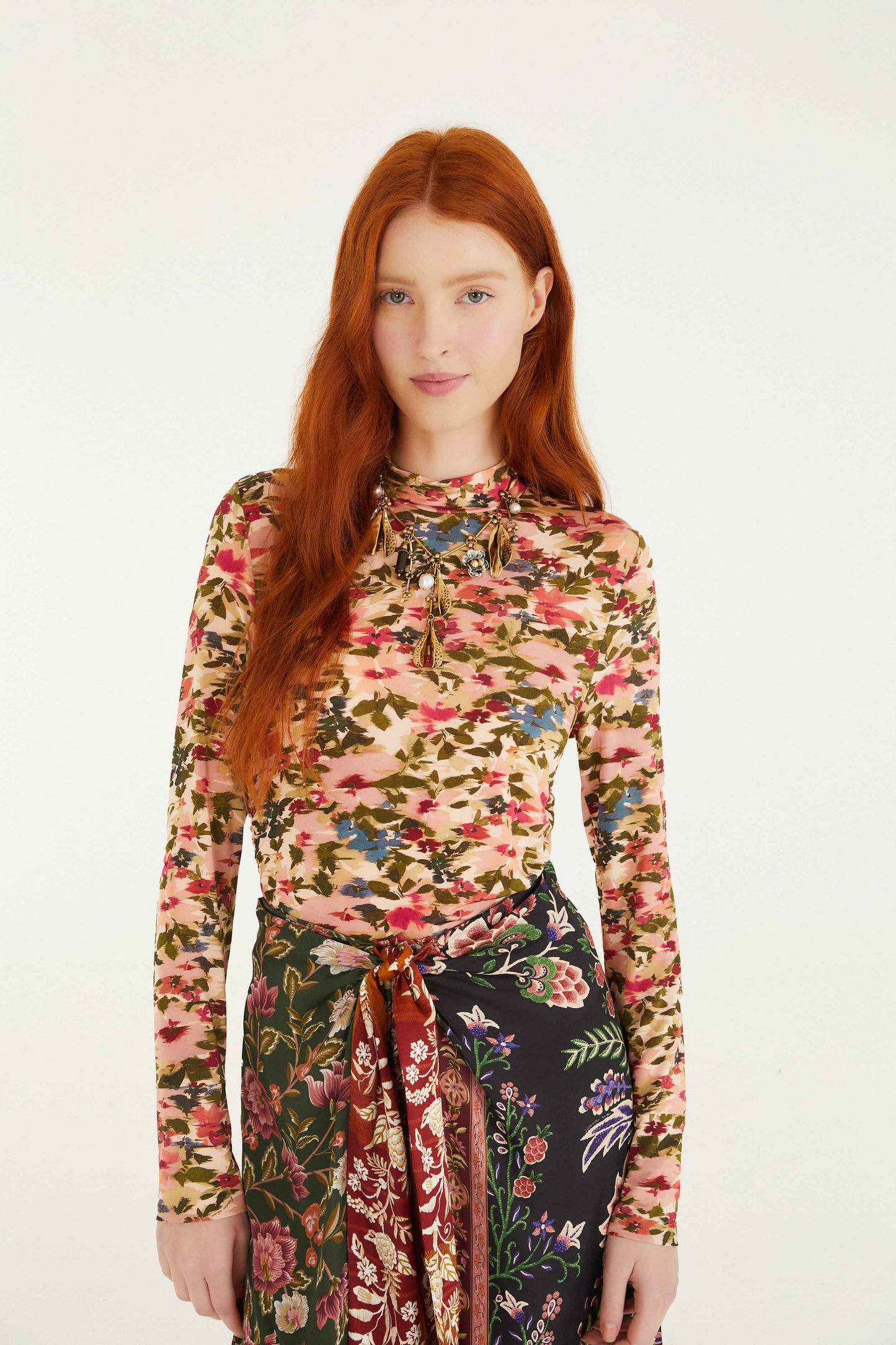 Farm Rio Pink Ikat Tiny Flowers Jersey Blouse