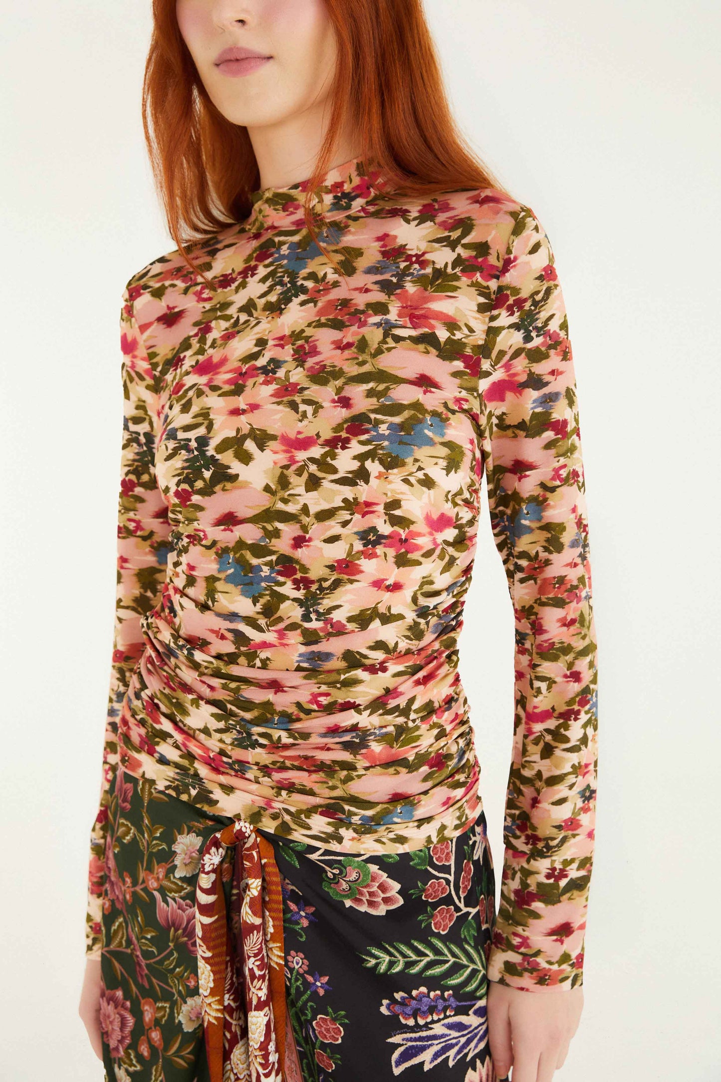 Farm Rio Pink Ikat Tiny Flowers Jersey Blouse