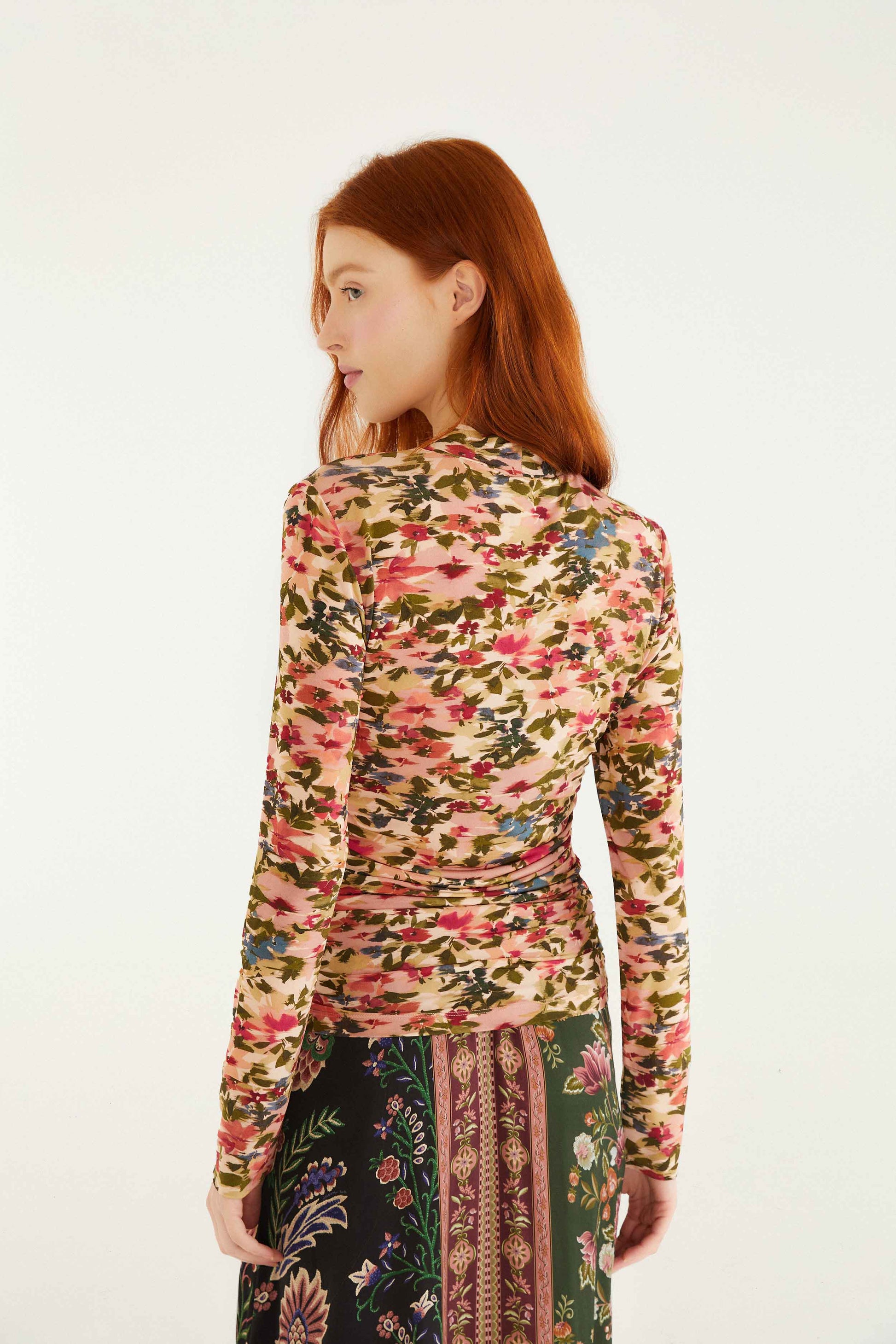 Farm Rio Pink Ikat Tiny Flowers Jersey Blouse