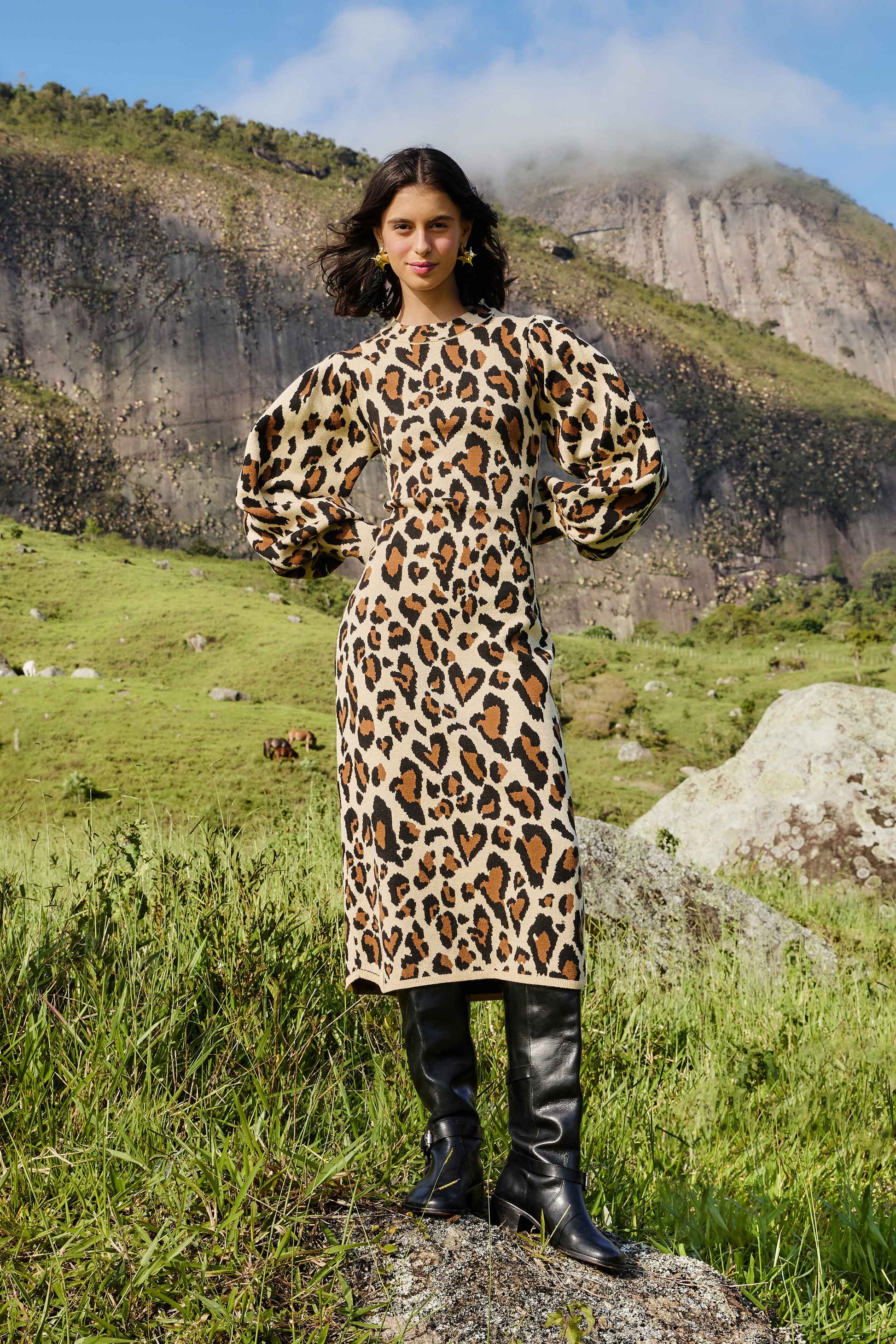 Farm Rio Leopard Print Knit Midi Dress