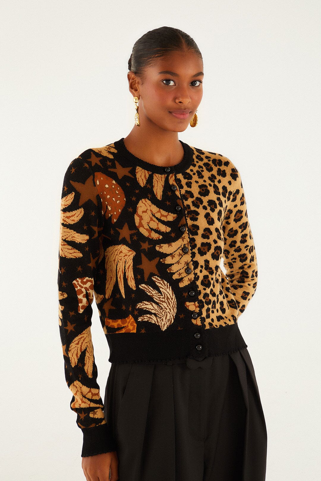 Farm Rio Mixed Banana Leopard Buttoned Cardigan