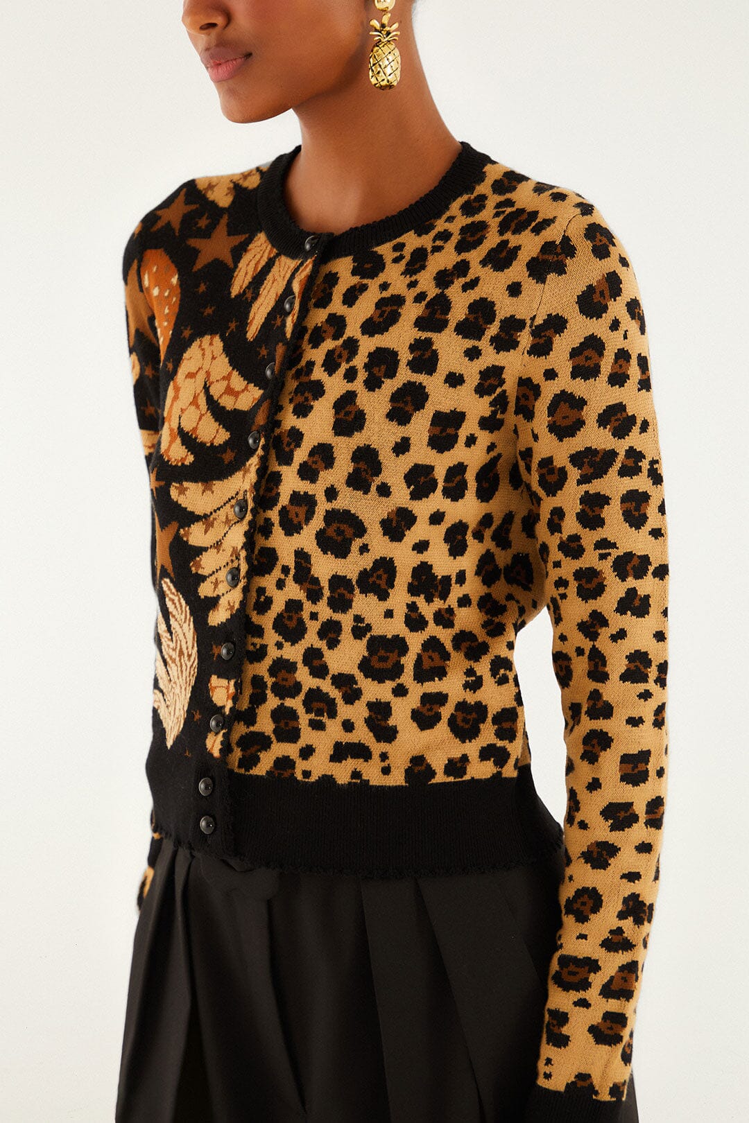 Farm Rio Mixed Banana Leopard Buttoned Cardigan