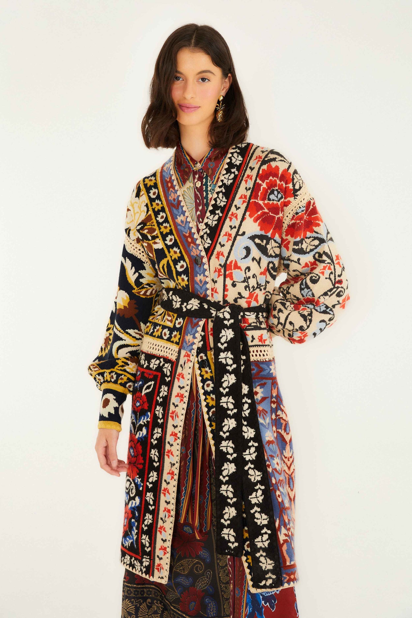 Farm Rio Mixed Flower Print Patchwork Knit Midi Cardigan
