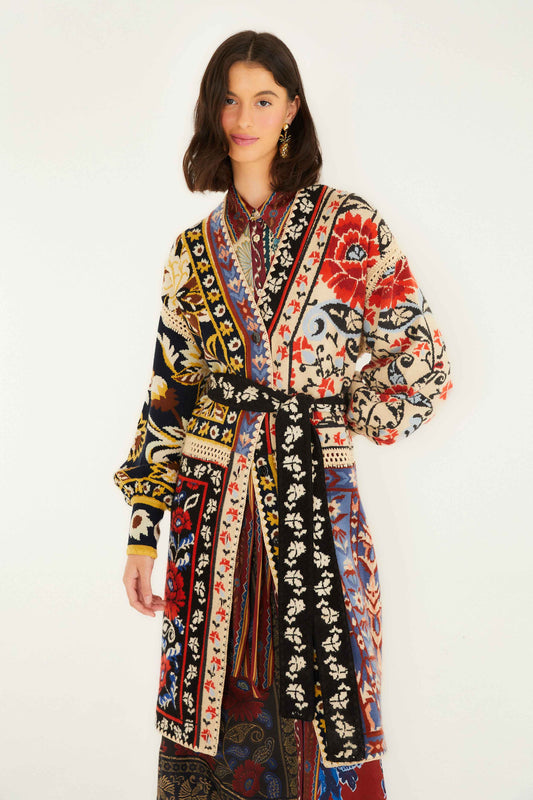 Farm Rio Mixed Flower Print Patchwork Knit Midi Cardigan