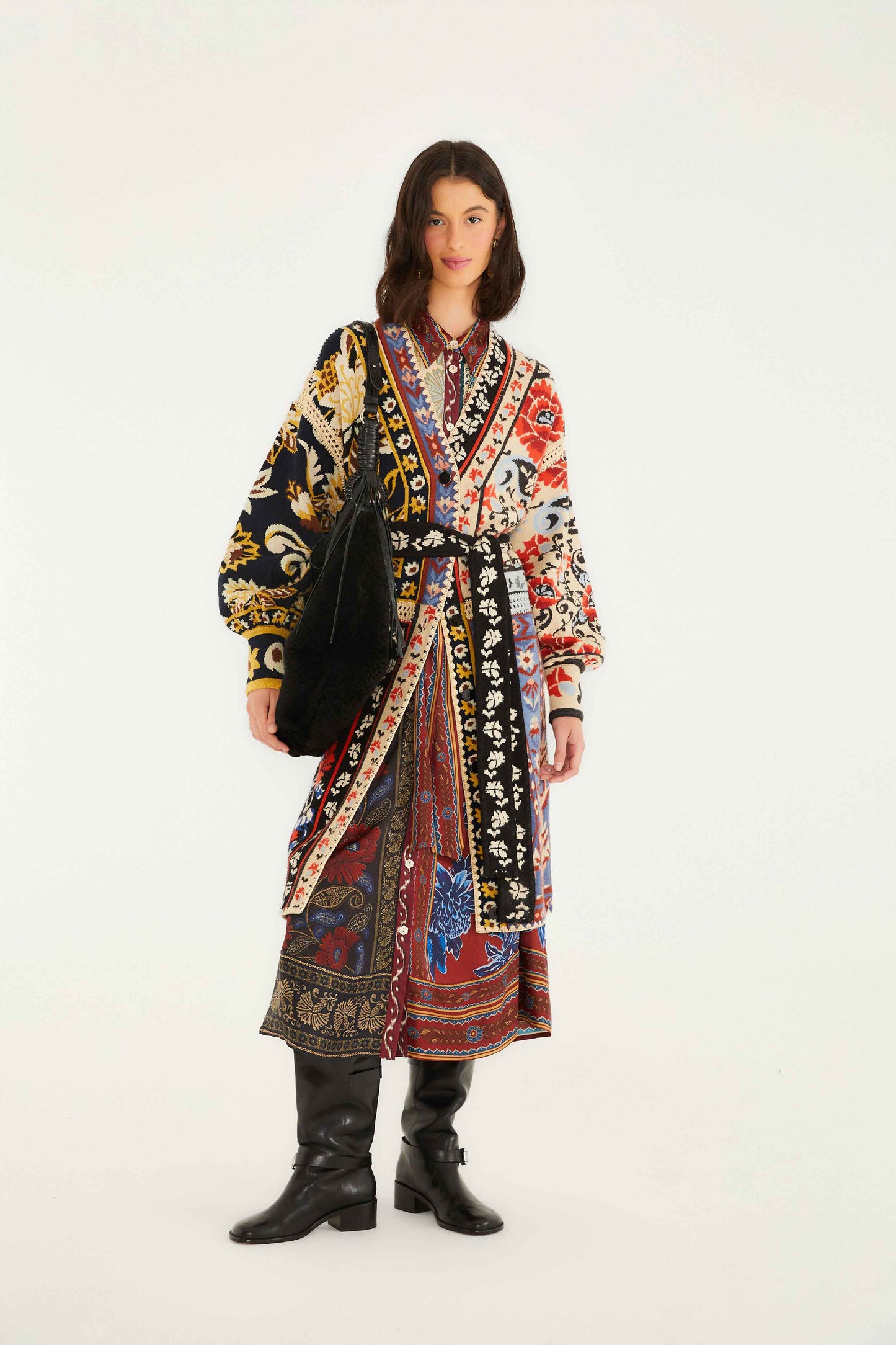Farm Rio Mixed Flower Print Patchwork Knit Midi Cardigan