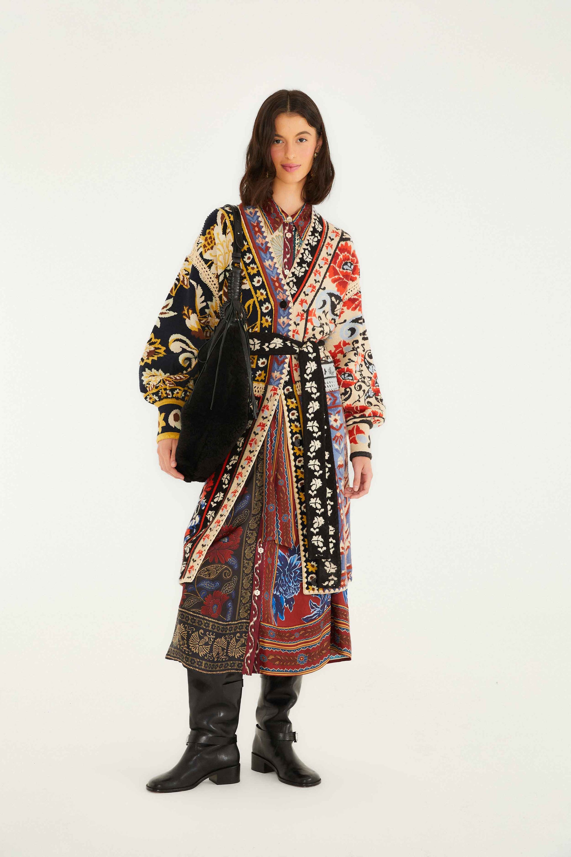 Farm Rio Mixed Flower Print Patchwork Knit Midi Cardigan