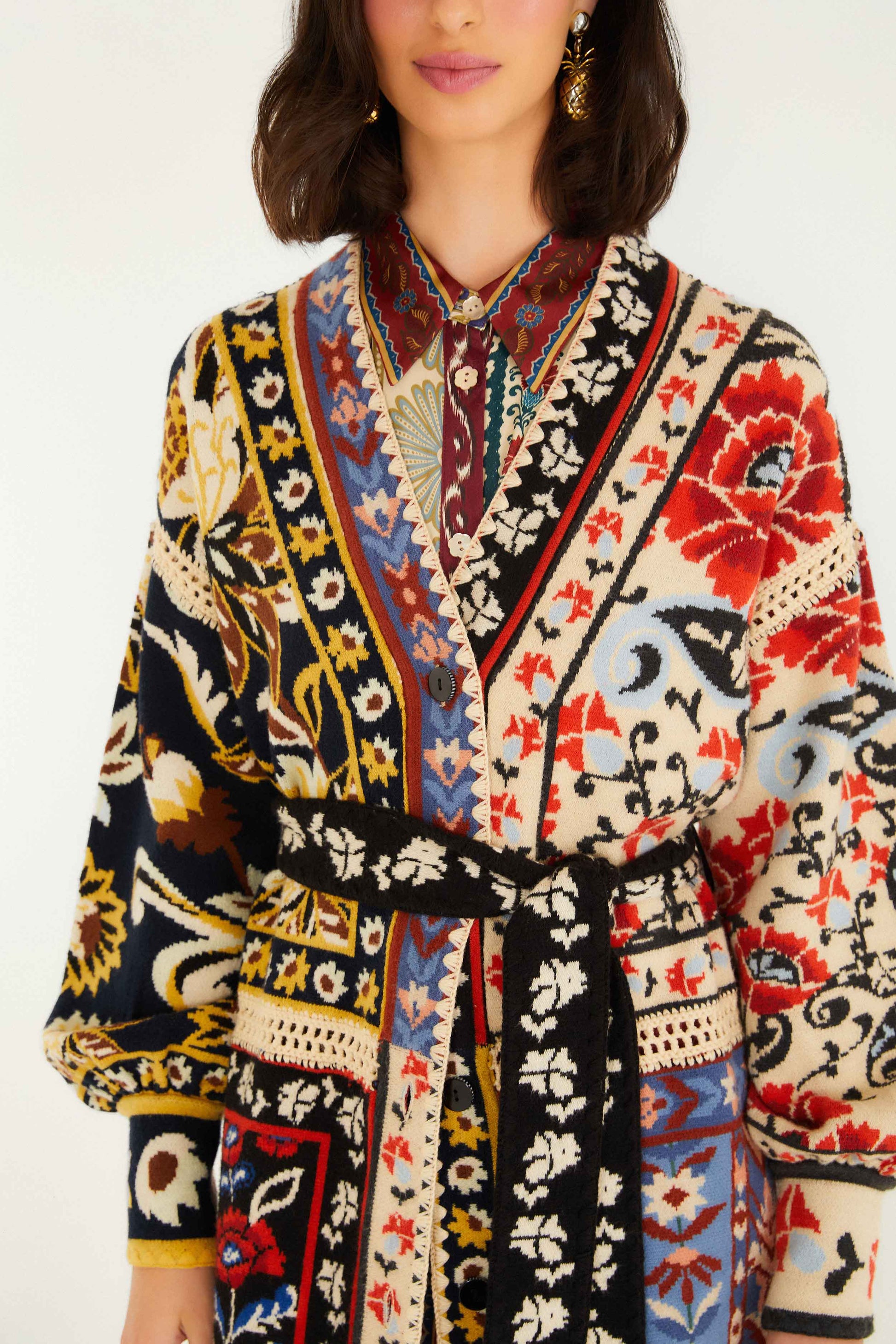 Farm Rio Mixed Flower Print Patchwork Knit Midi Cardigan
