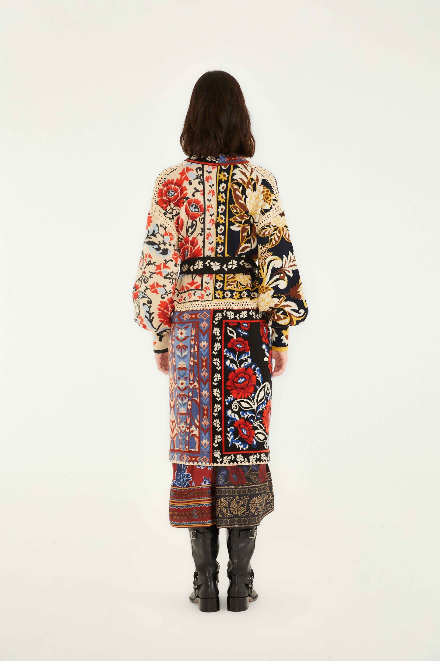 Farm Rio Mixed Flower Print Patchwork Knit Midi Cardigan