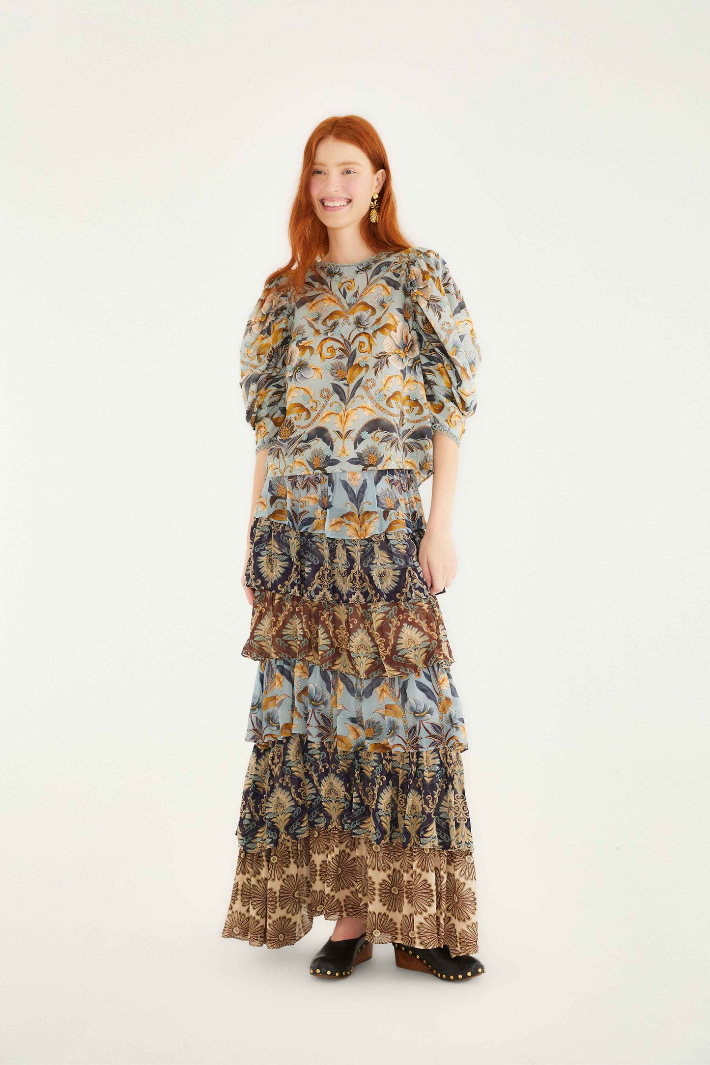 Farm Rio Mixed Scarves Ruffled Maxi Skirt