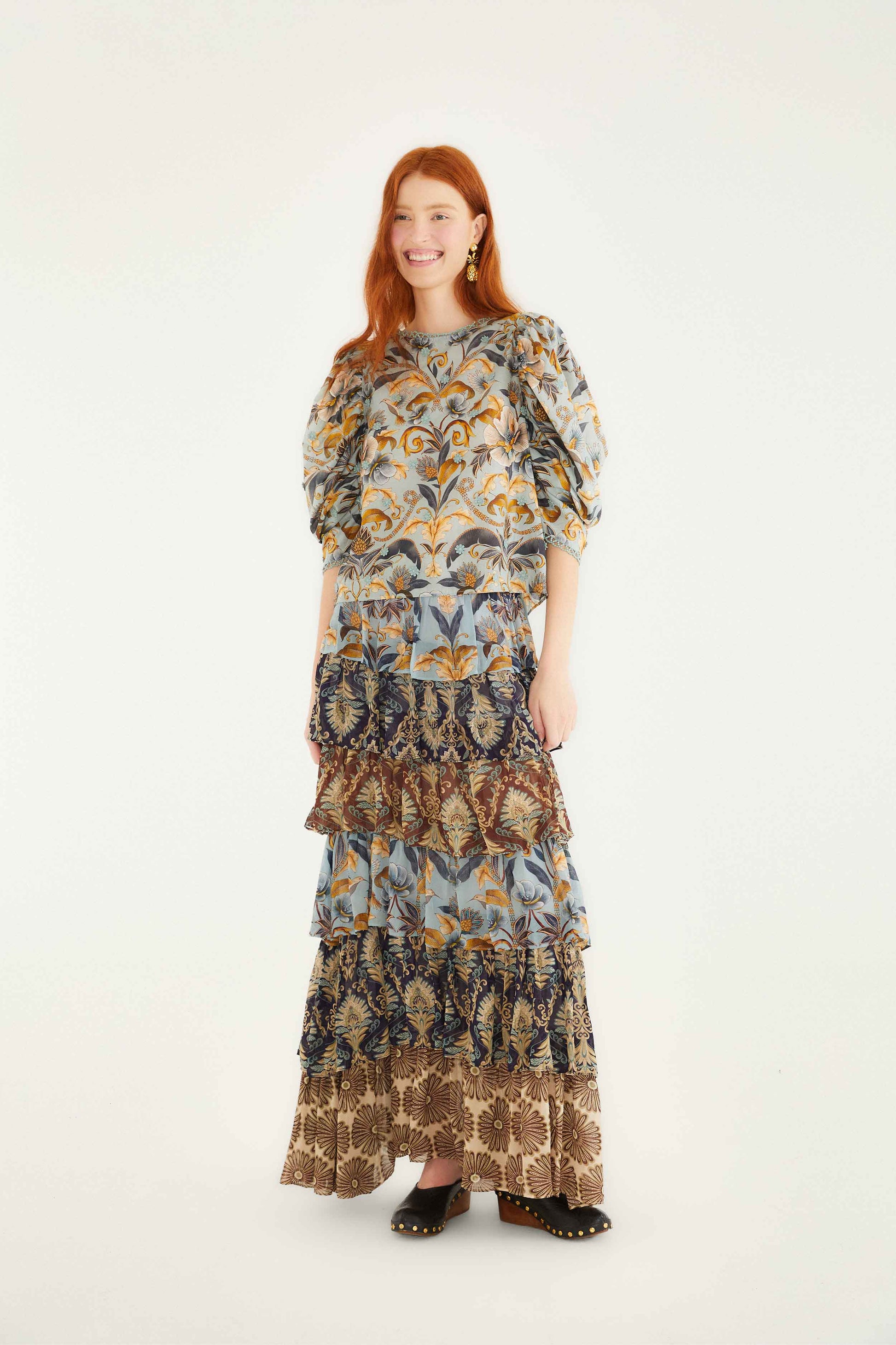 Farm Rio Mixed Scarves Ruffled Maxi Skirt