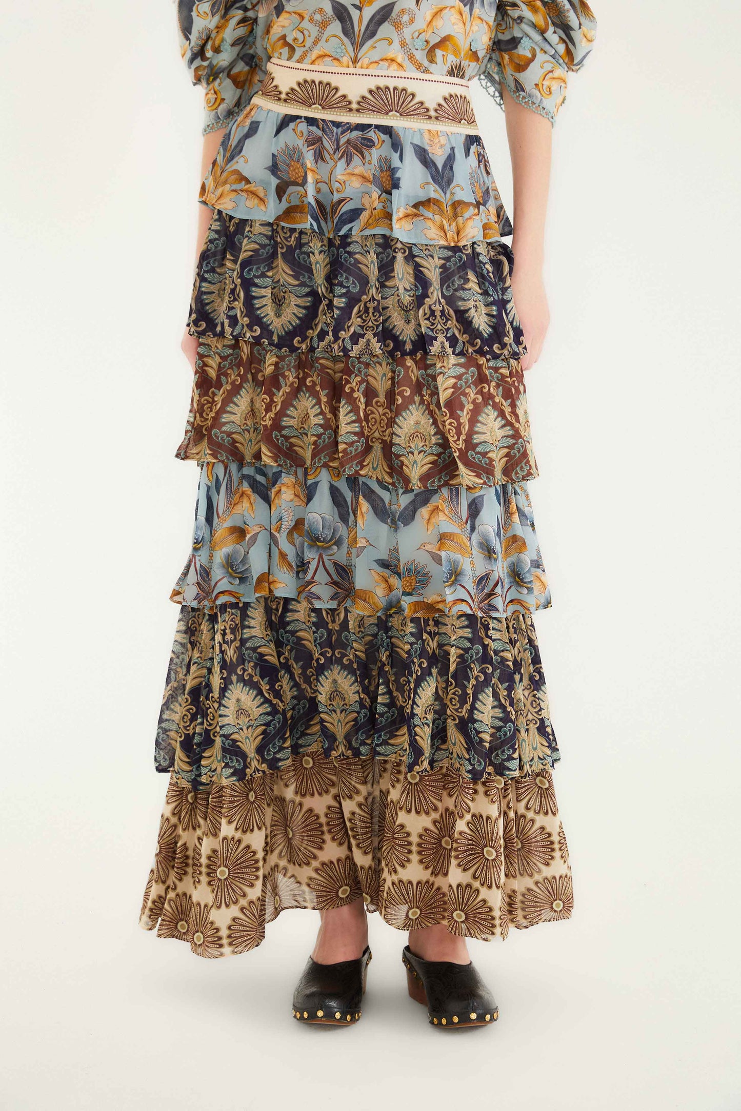 Farm Rio Mixed Scarves Ruffled Maxi Skirt
