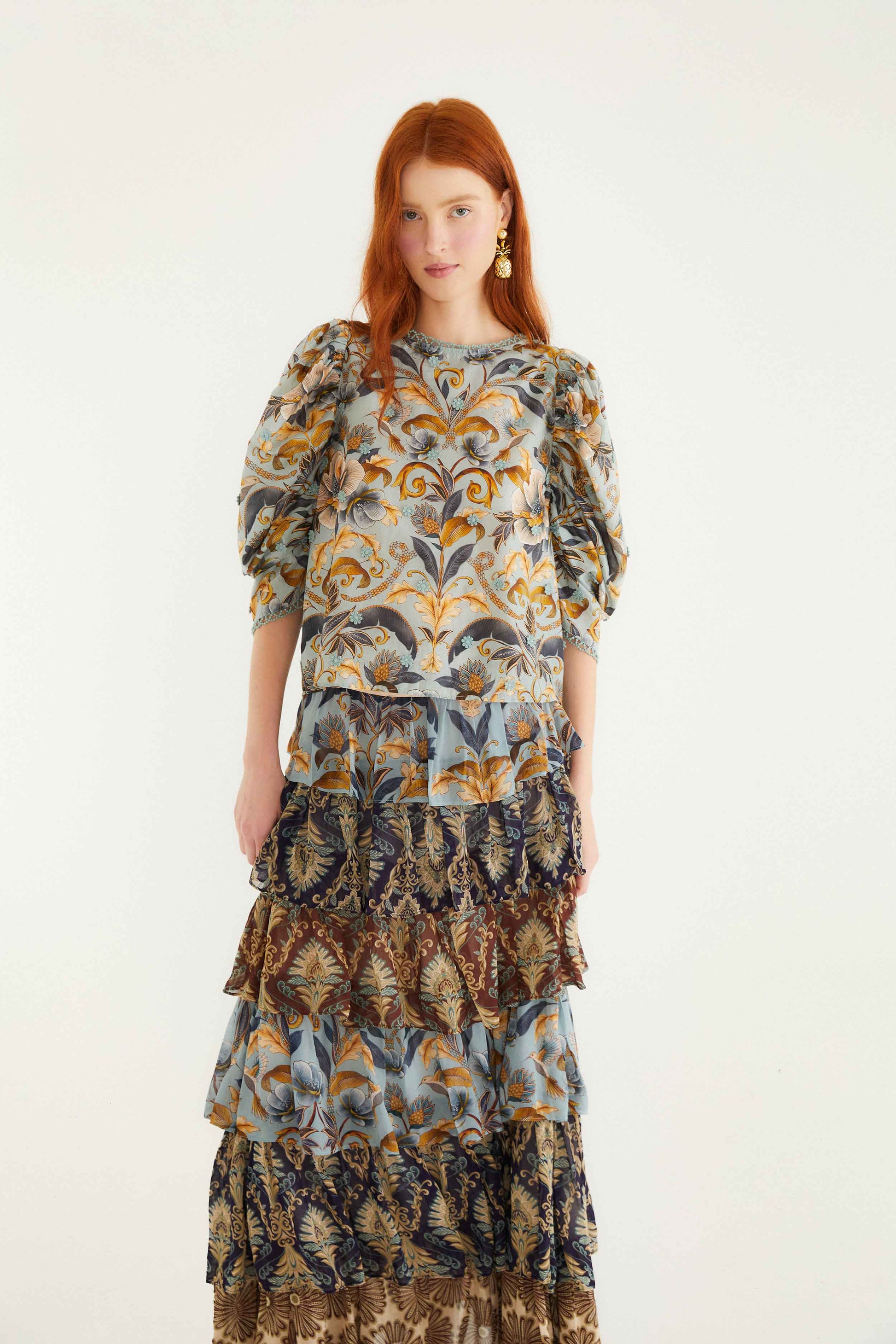 Farm Rio Mixed Scarves Ruffled Maxi Skirt