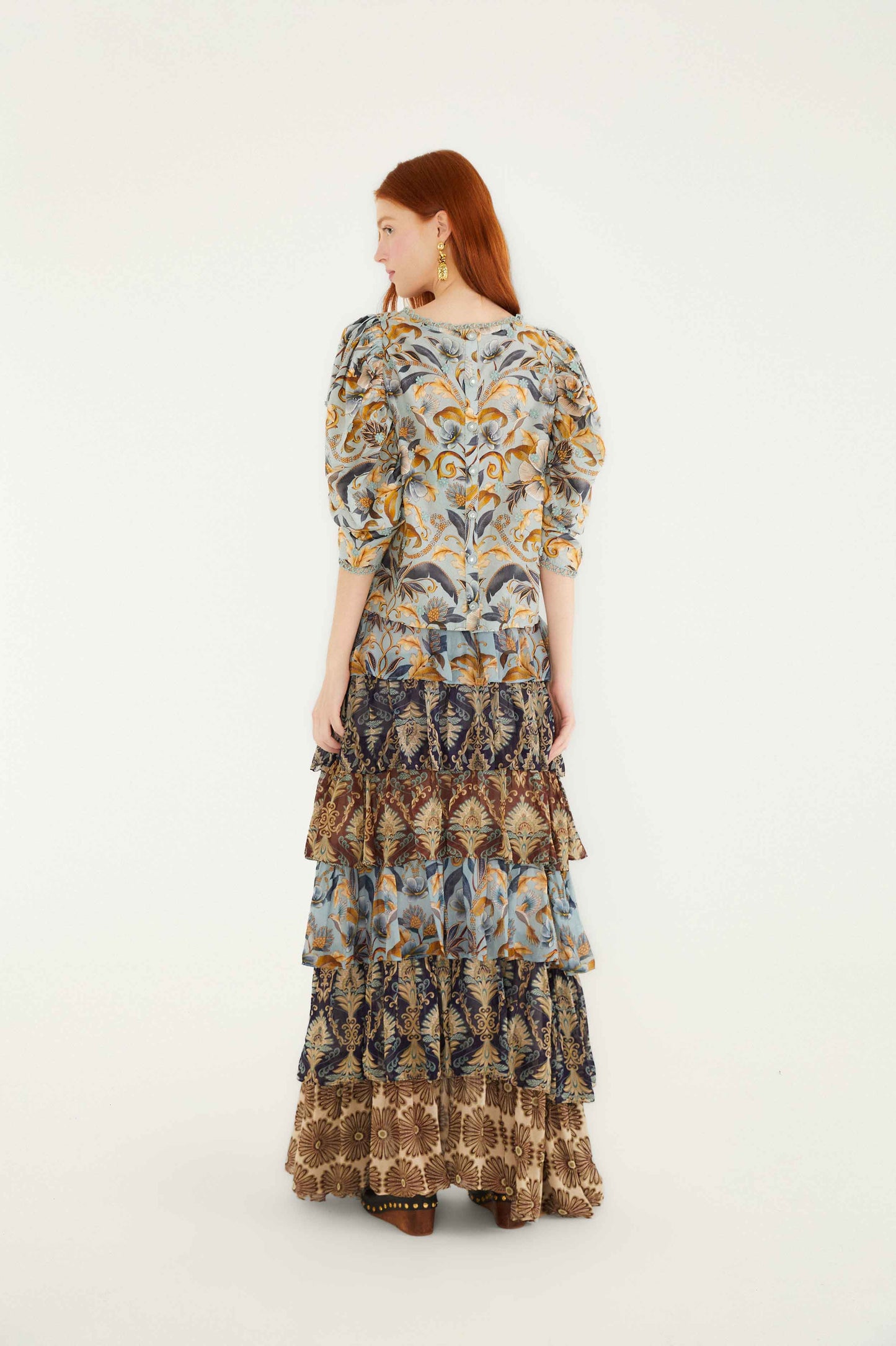 Farm Rio Mixed Scarves Ruffled Maxi Skirt